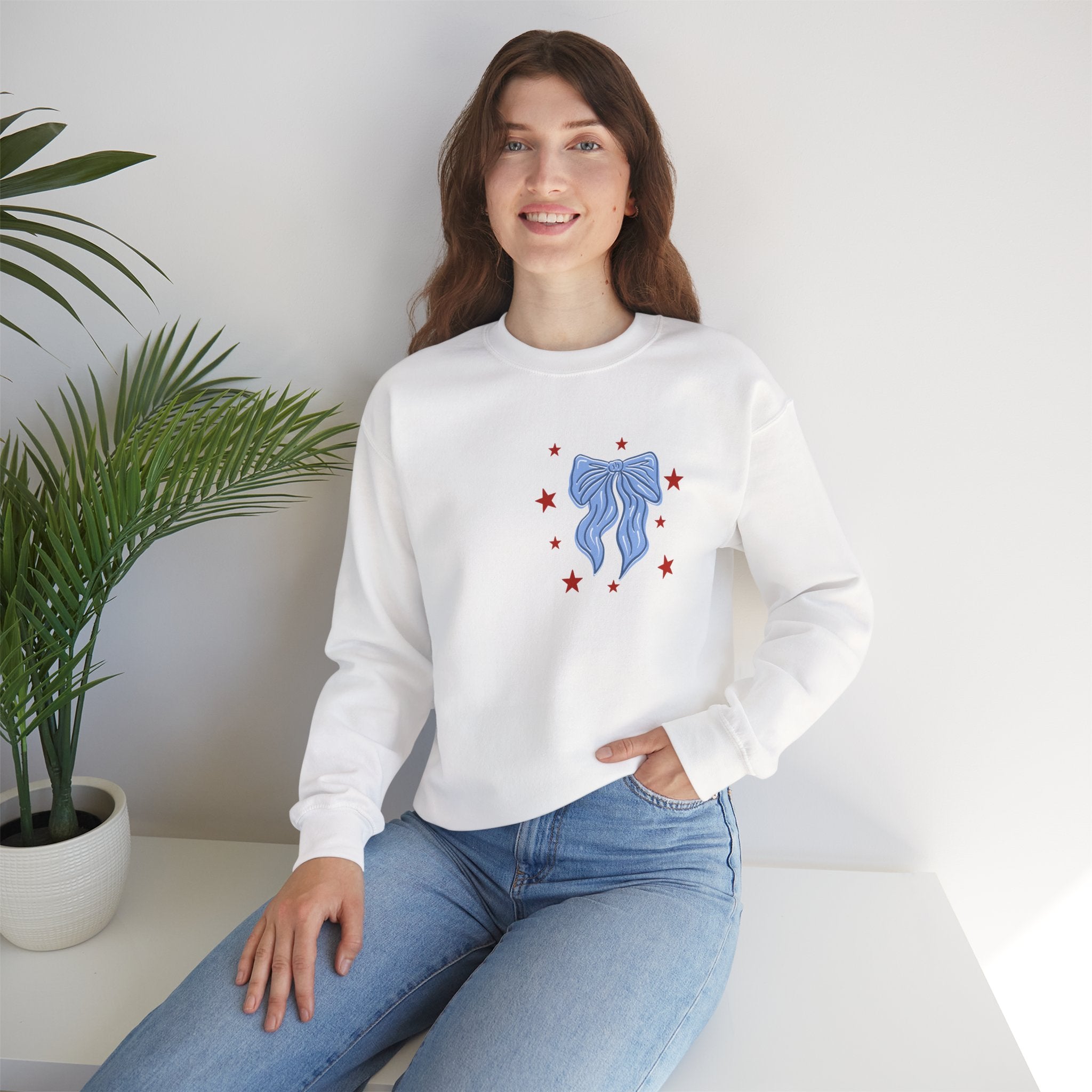 Double-sided American Honey Crewneck Sweatshirt — Patriotic Blue Ribbon Stars Pullover