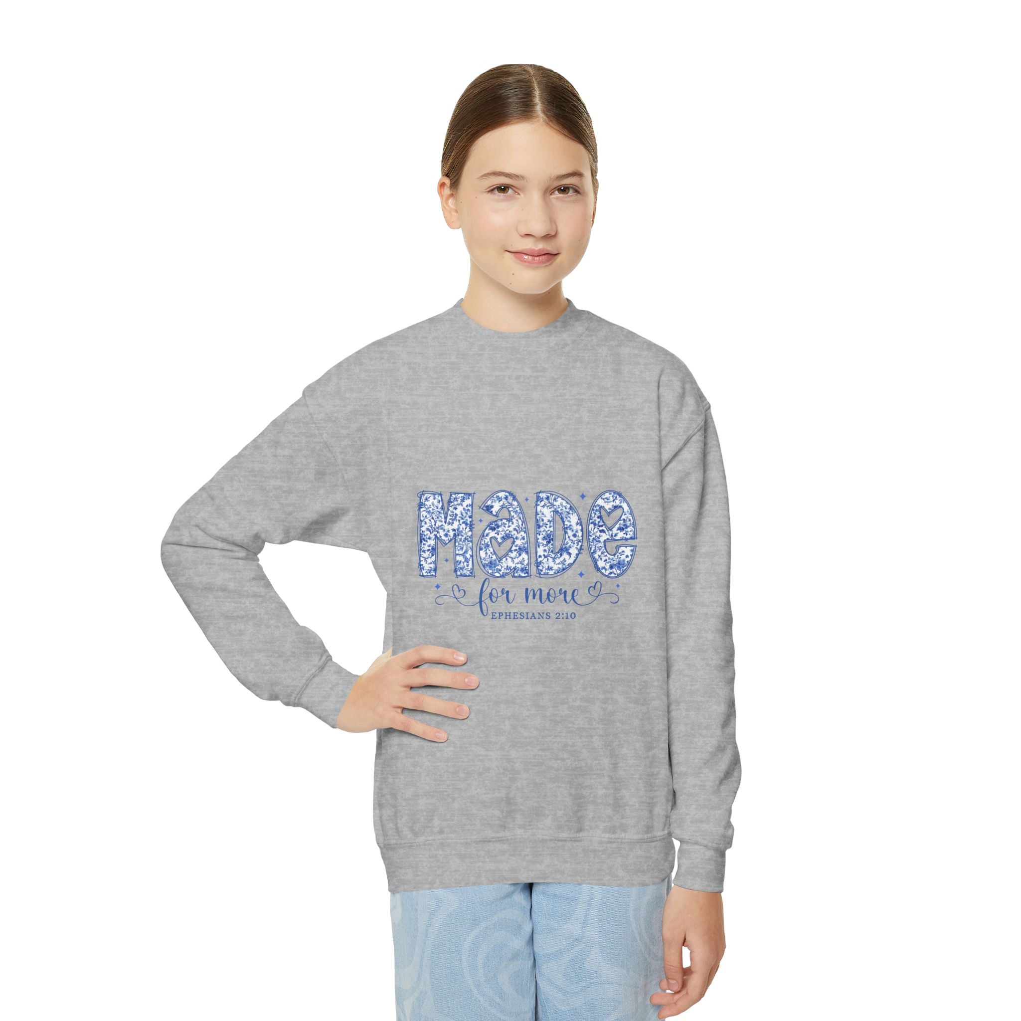 Youth Crewneck Sweatshirt — "Made for More" Floral Script Youth Sweatshirt