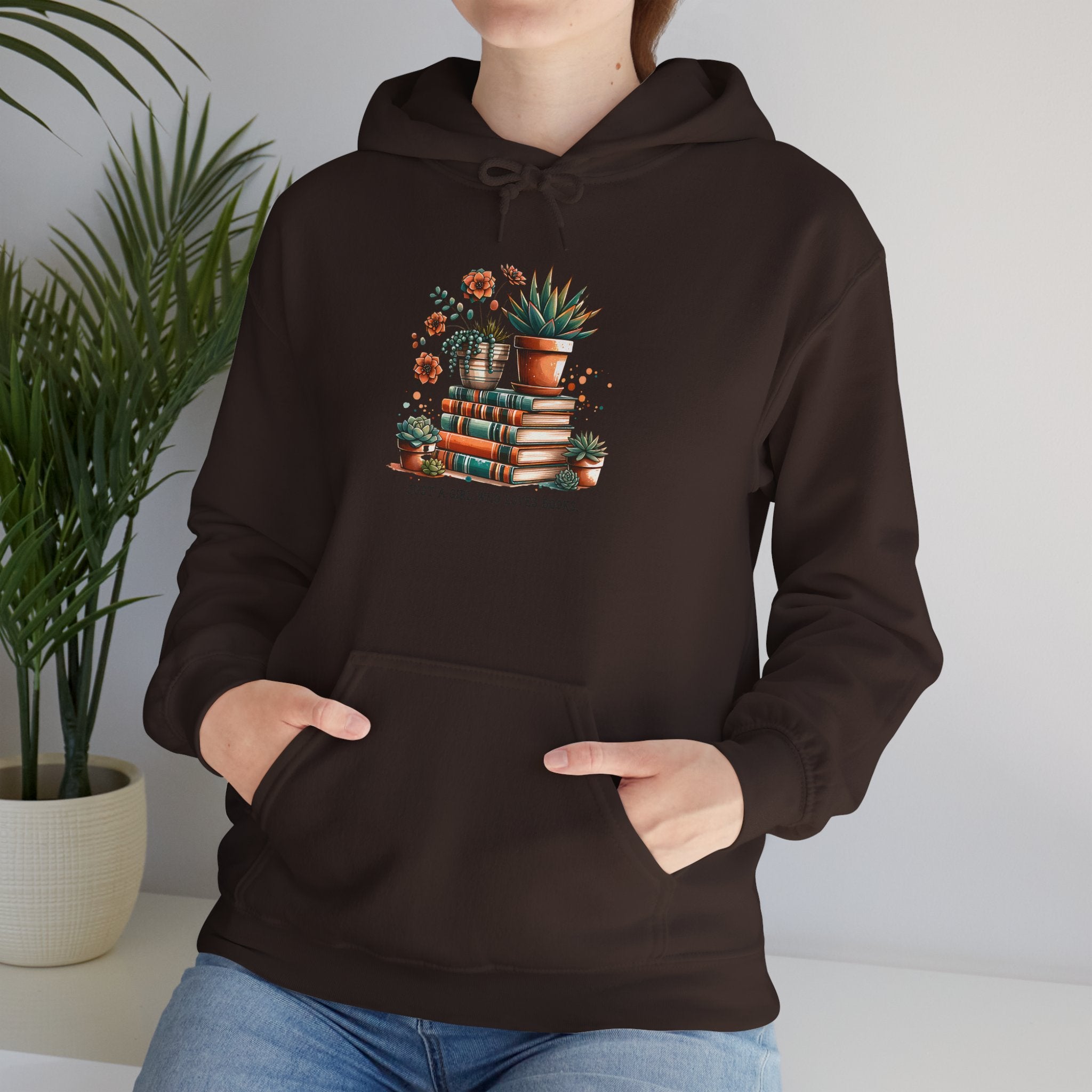 Plant Lover Hoodie – 'Plant Lady With Books' Cozy Botanical Pullover