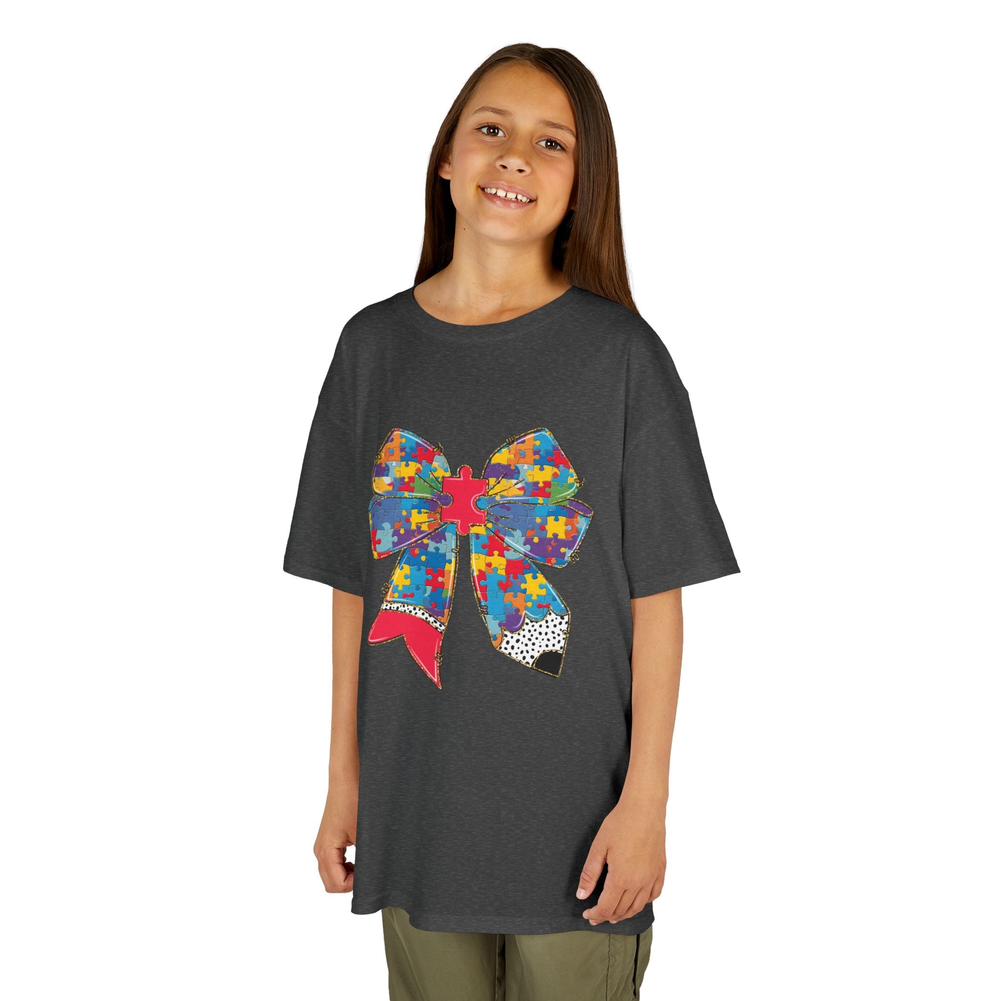 Autism Awareness Puzzle Bow Kids T‑Shirt – Autism Acceptance Gift