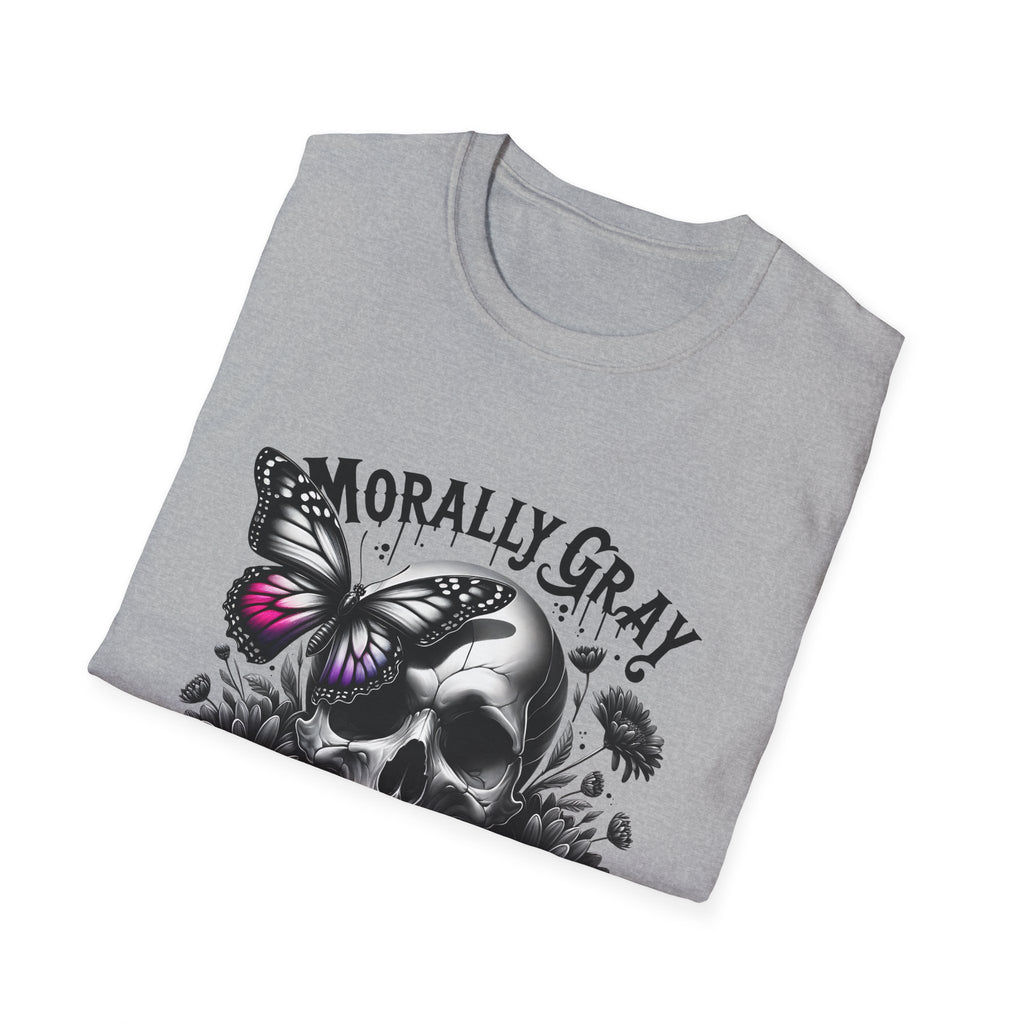 Morally Gray Skull T-Shirt — "Morally Gray and Proud of It" Gothic Butterfly Tee
