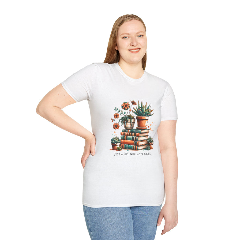 Book Lover T-Shirt — "Just a Girl Who Loves Books" Floral Stack Tee