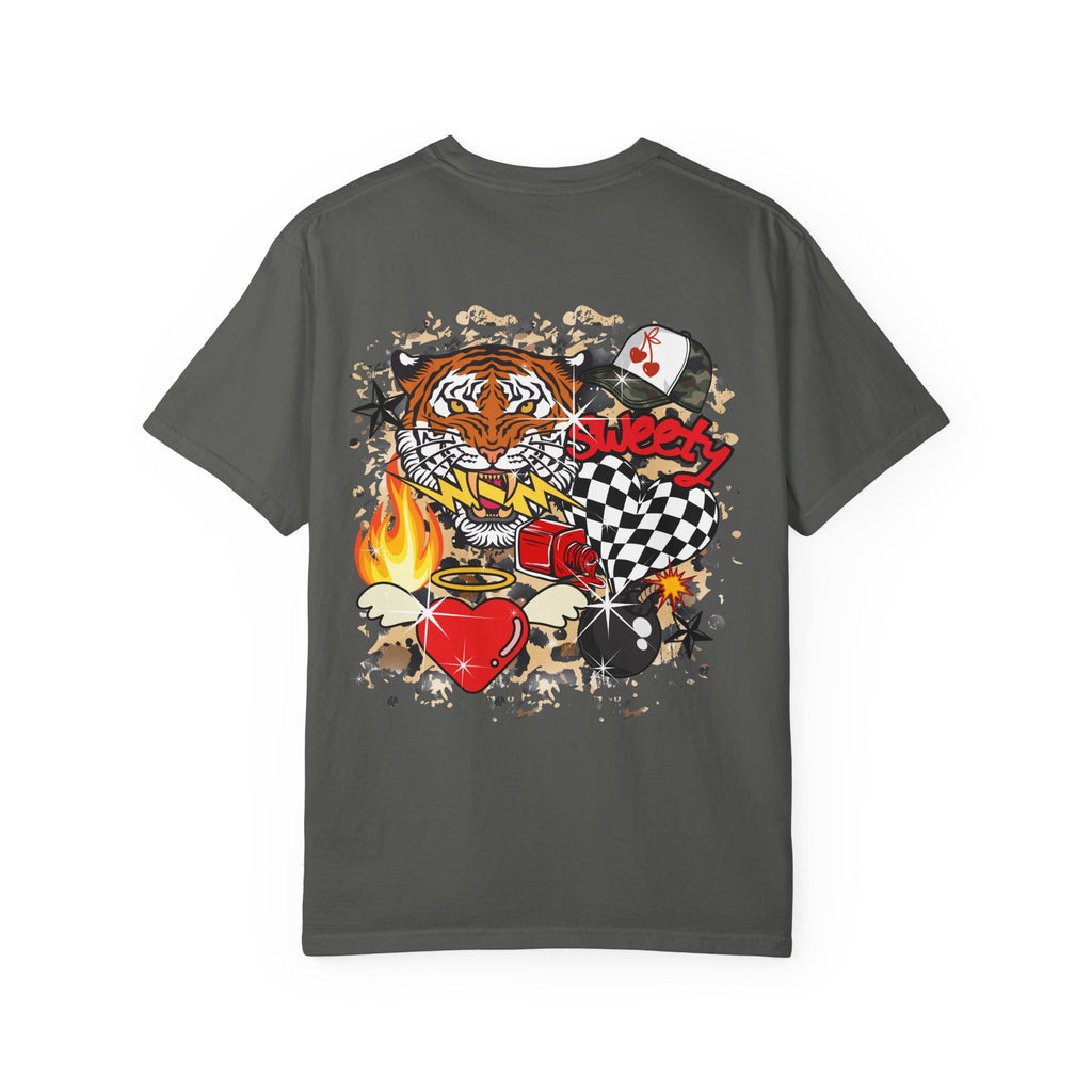 Graphic T-Shirt — Checker Heart & Tiger Collage Design