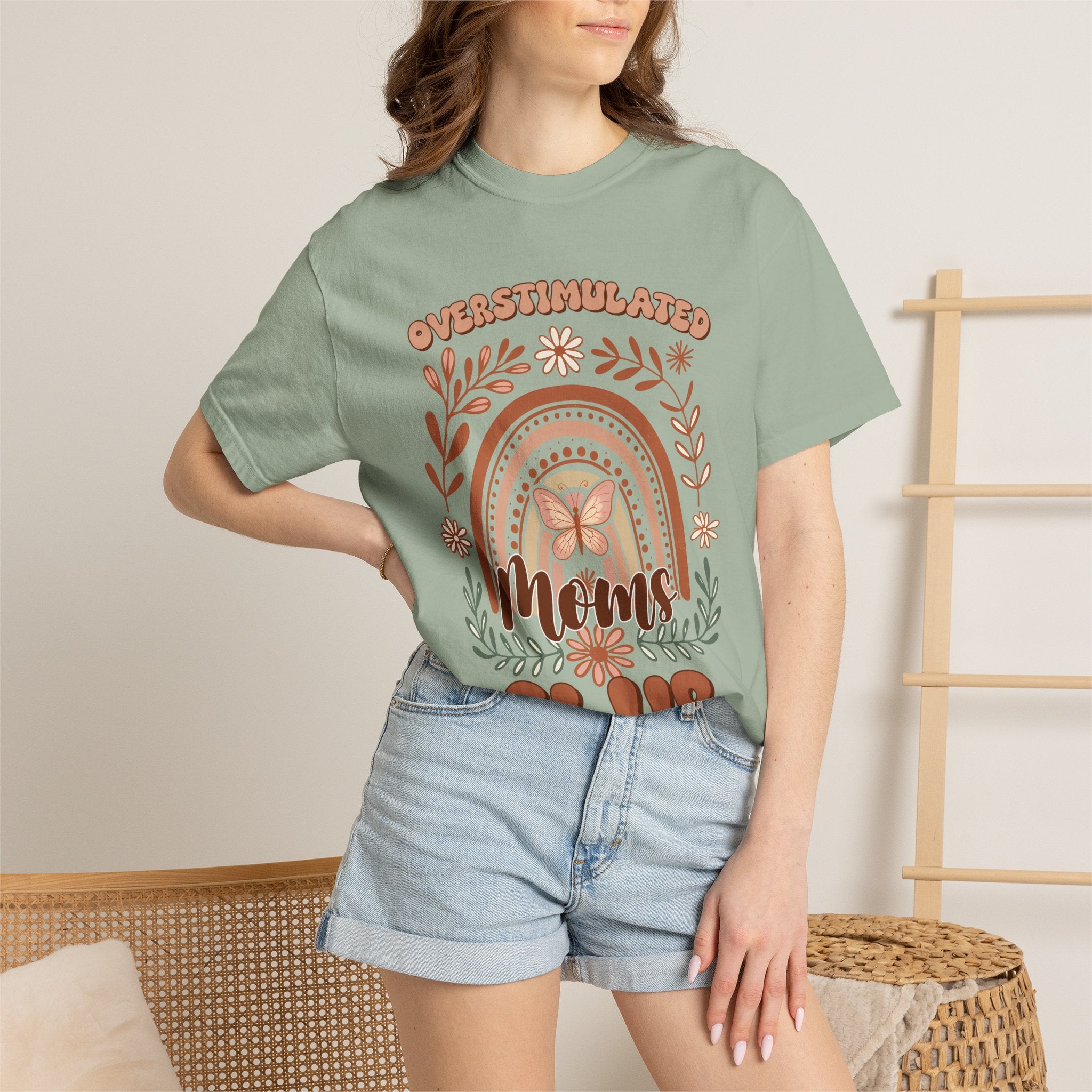 Moms Club Tee — "Overstimulated" Retro Floral Rainbow Mother's Day Shirt