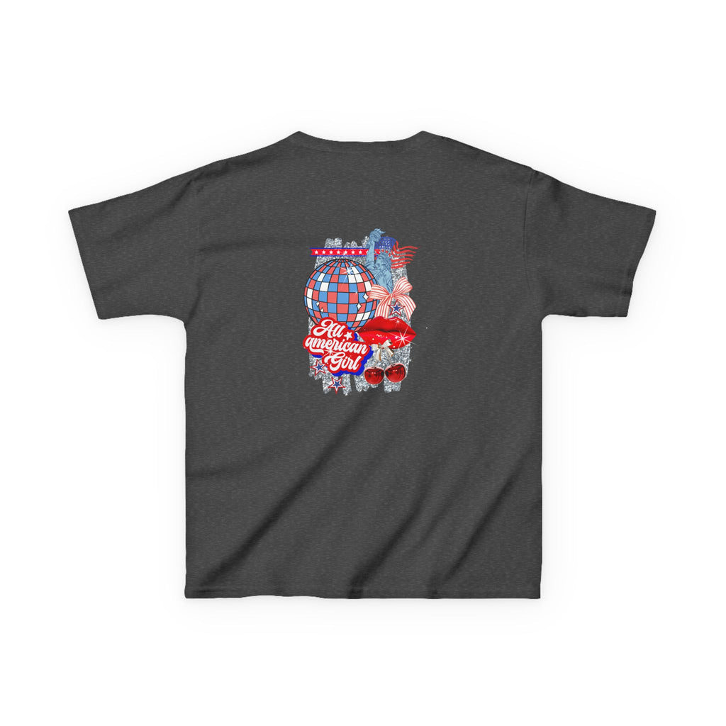 Kids Tee — Patriotic Cherry Graphic "All American Girl" — 4th of July Summer Shirt