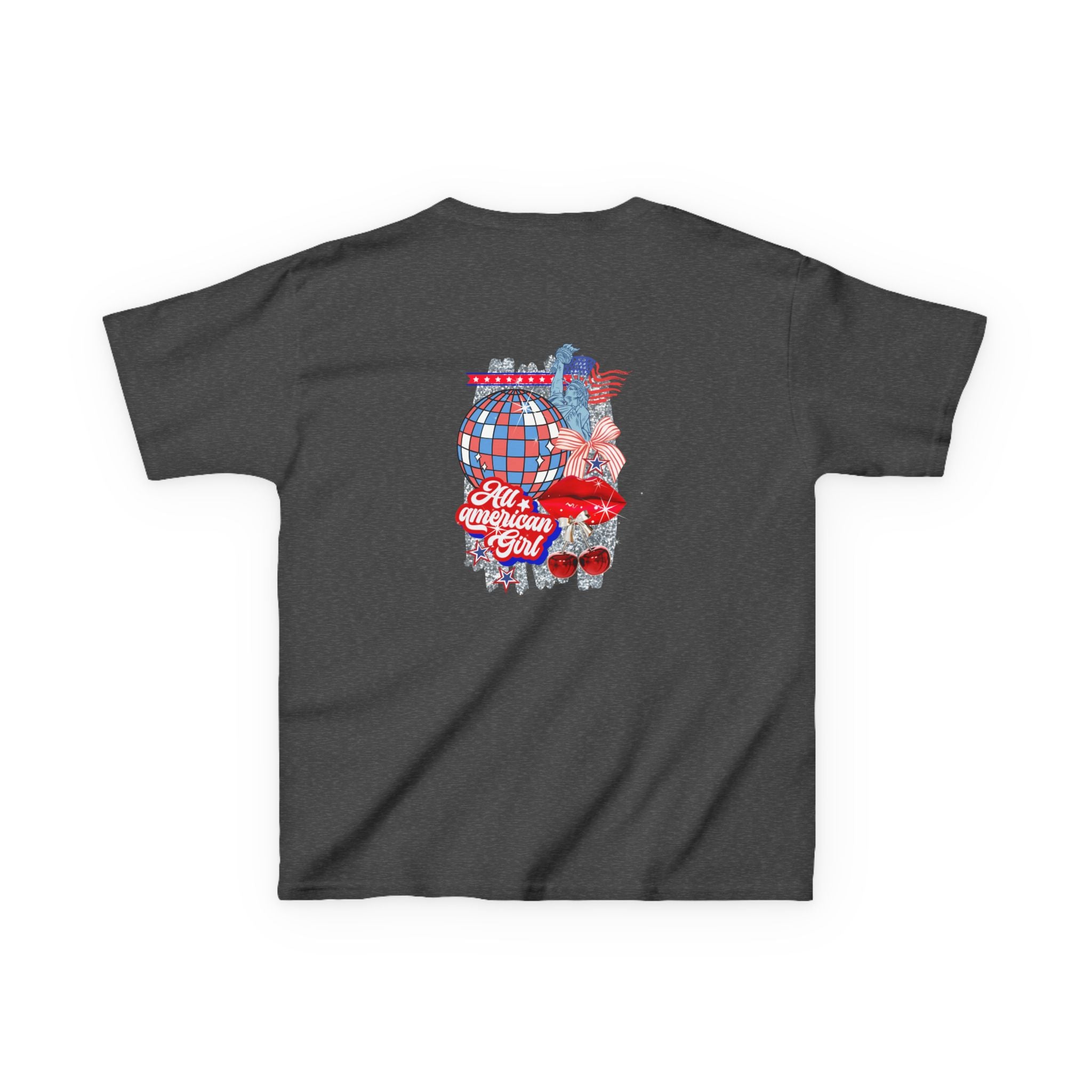 Kids Tee — Patriotic Cherry Graphic "All American Girl" — 4th of July Summer Shirt