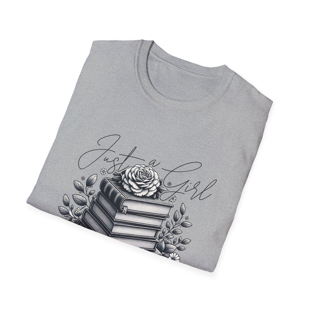 Book Lover T-Shirt — "Just a Girl Who Loves Books" Floral Stack Design
