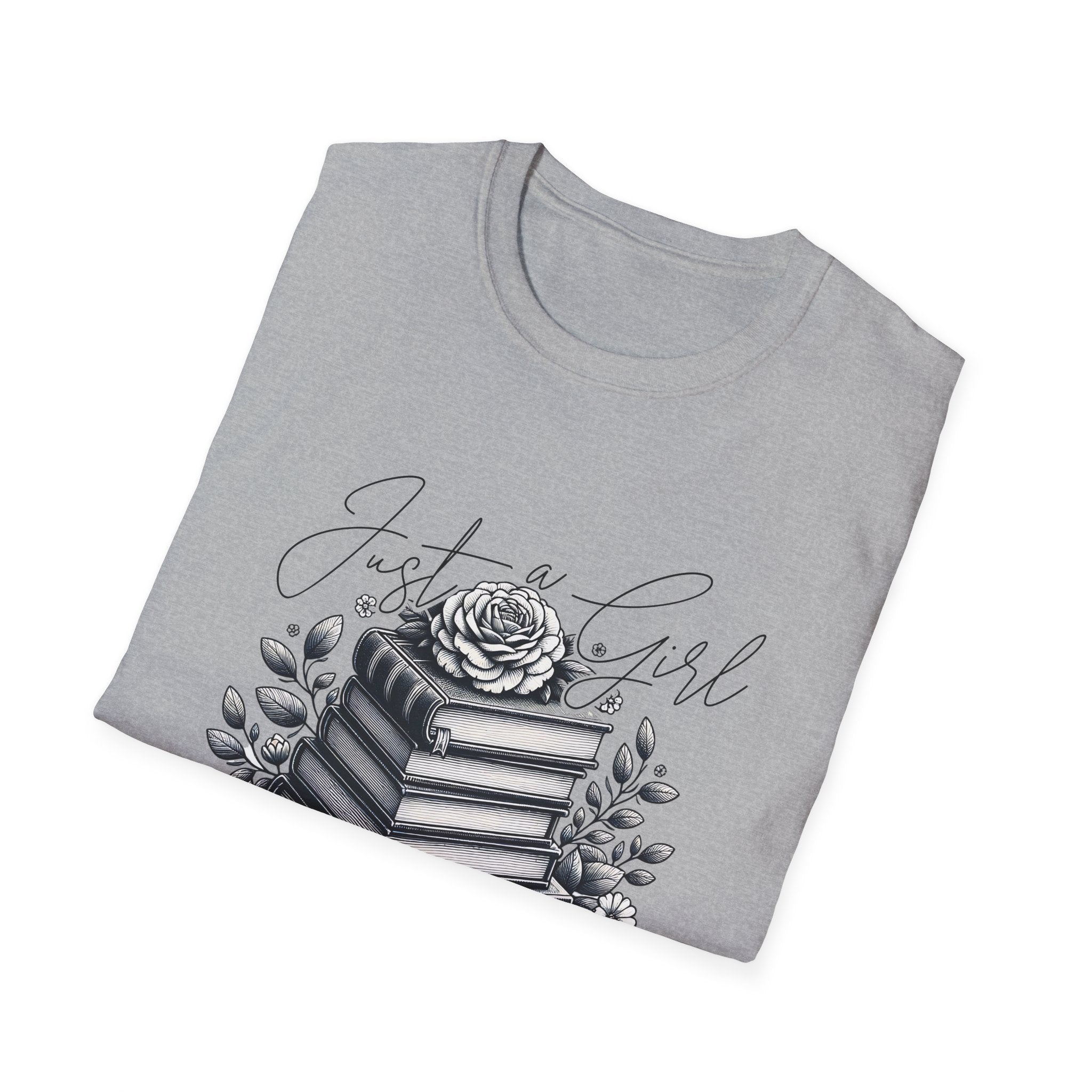 Book Lover T-Shirt — "Just a Girl Who Loves Books" Floral Stack Design