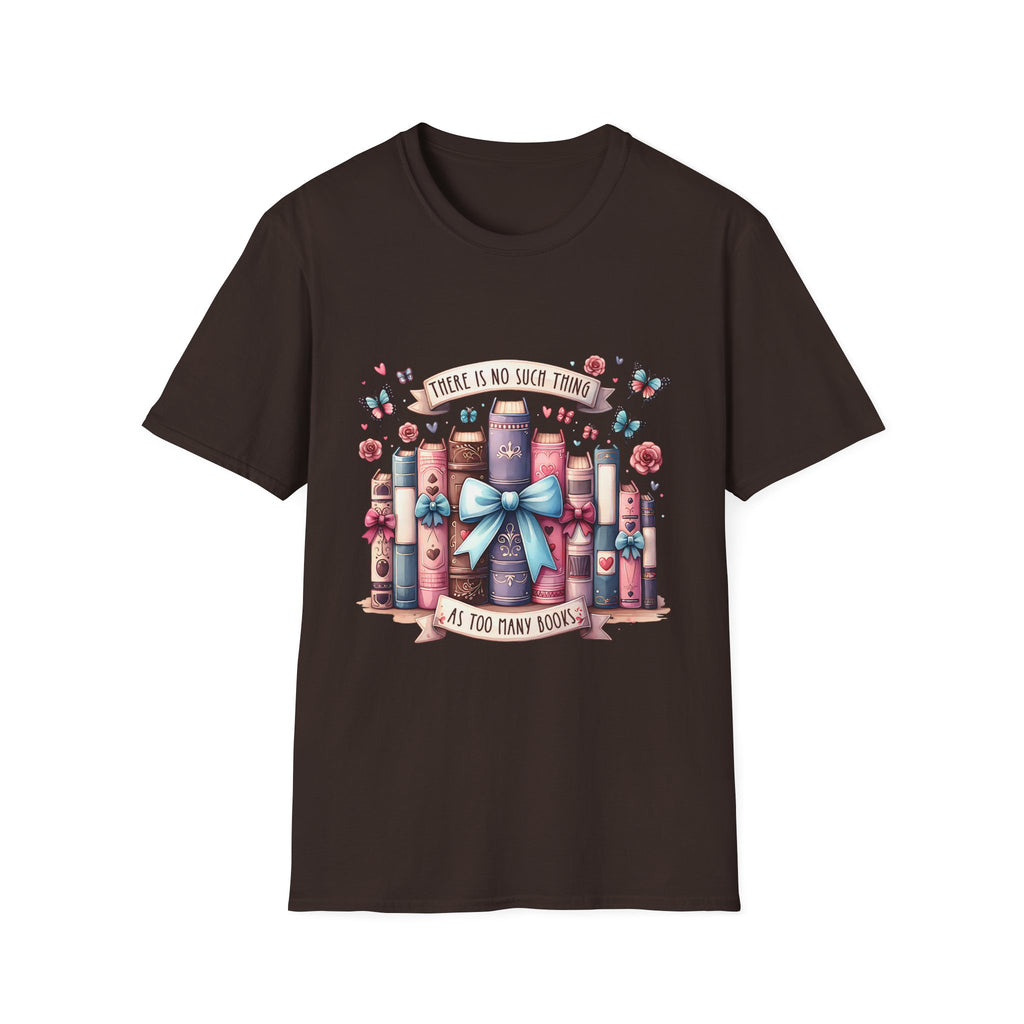 Book Lover T-Shirt — "There Is No Such Thing As Too Many Books" Illustrated Stack Design