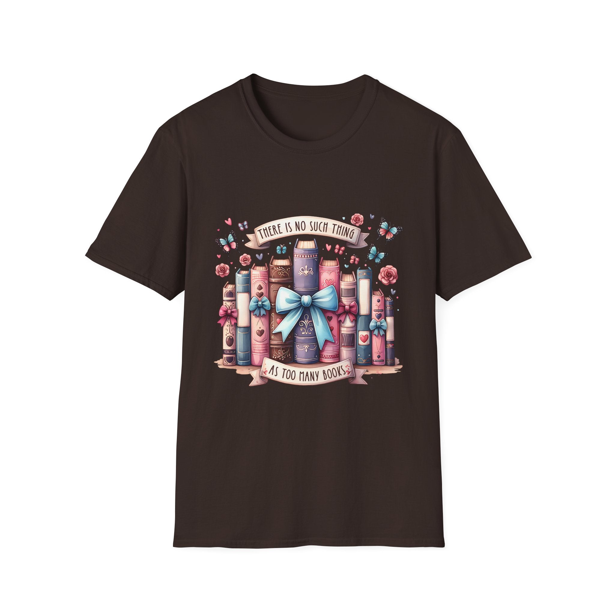 Book Lover T-Shirt — "There Is No Such Thing As Too Many Books" Illustrated Stack Design