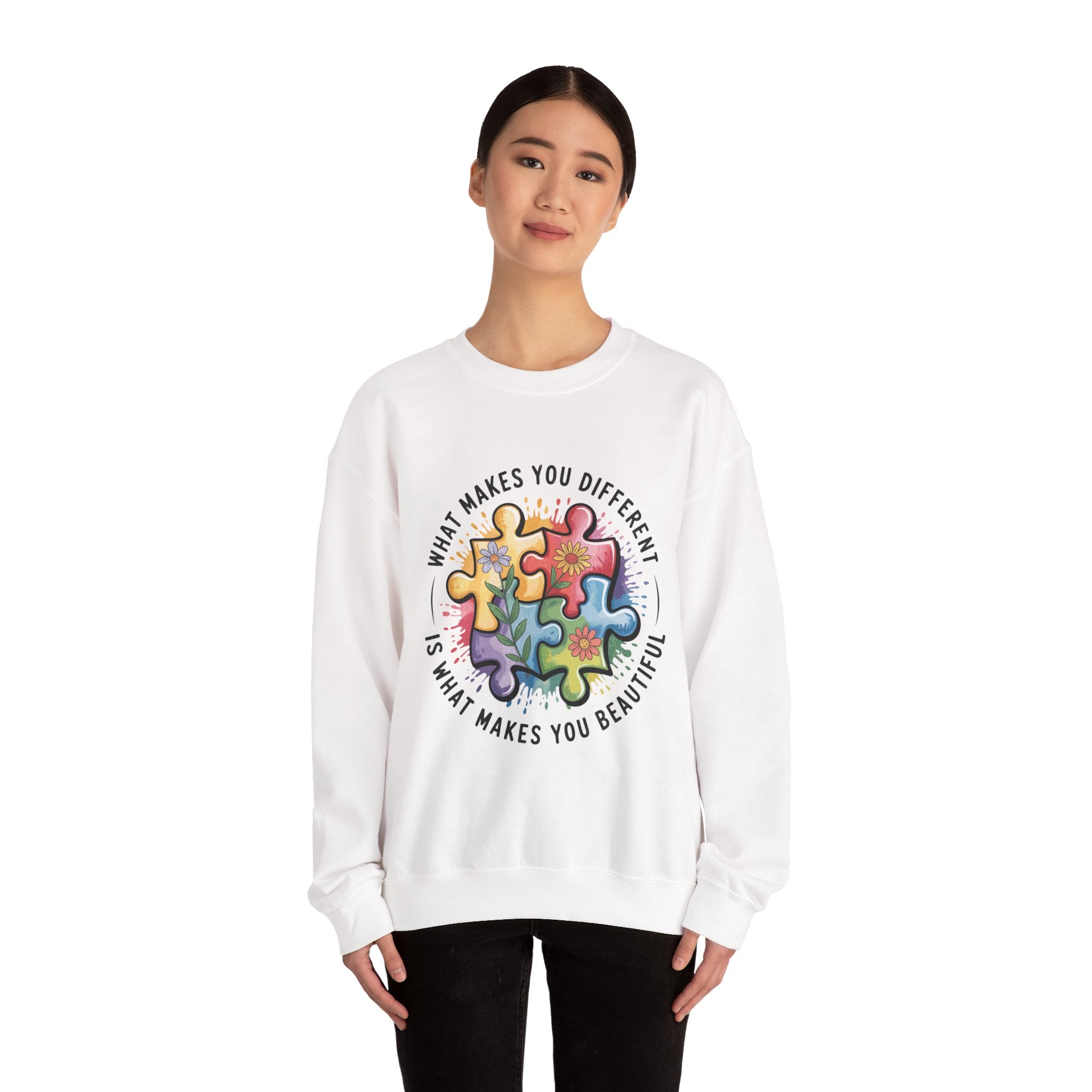 Autism Awareness Crewneck Sweatshirt — “What Makes You Different Is What Makes You Beautiful”