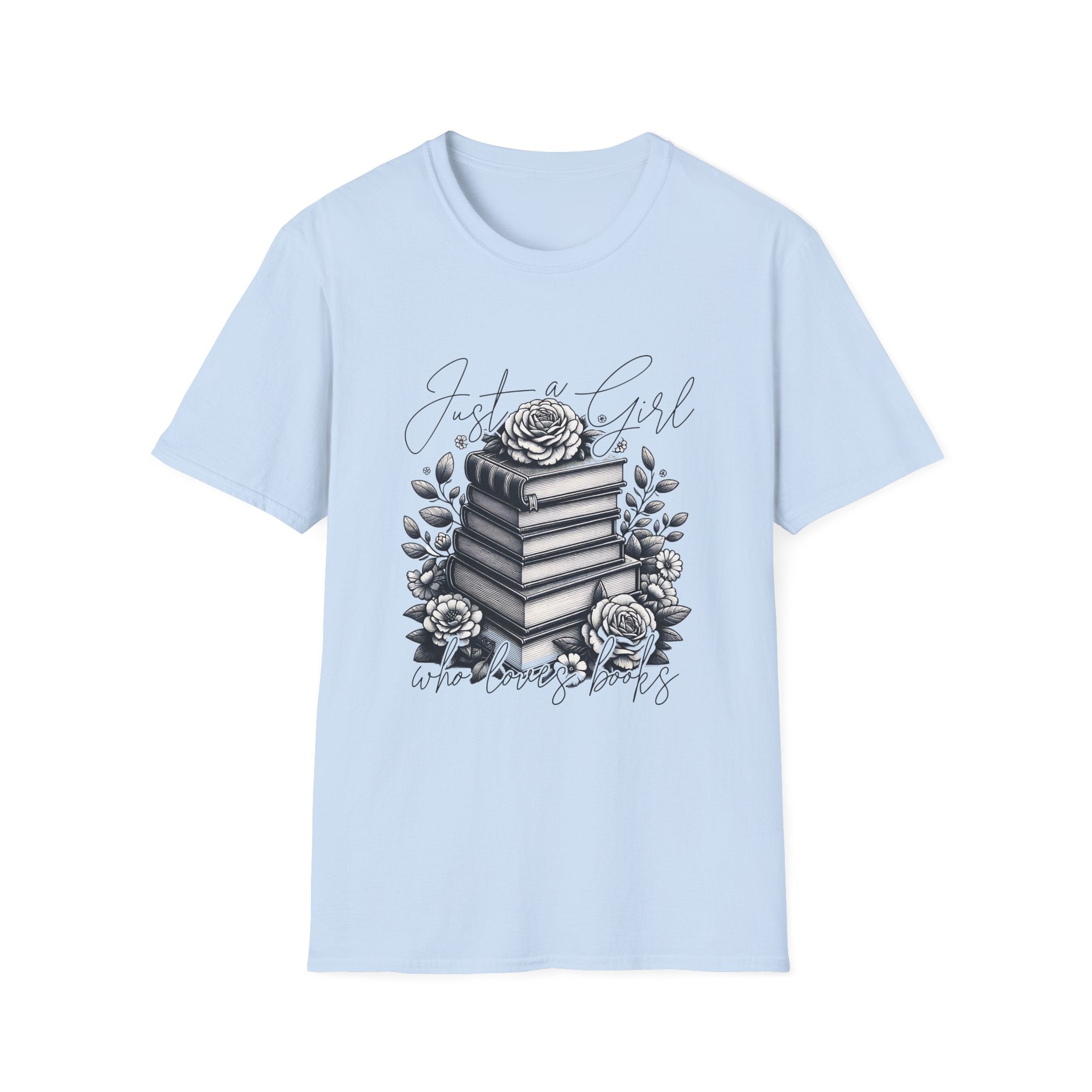 Book Lover T-Shirt — "Just a Girl Who Loves Books" Floral Stack Design