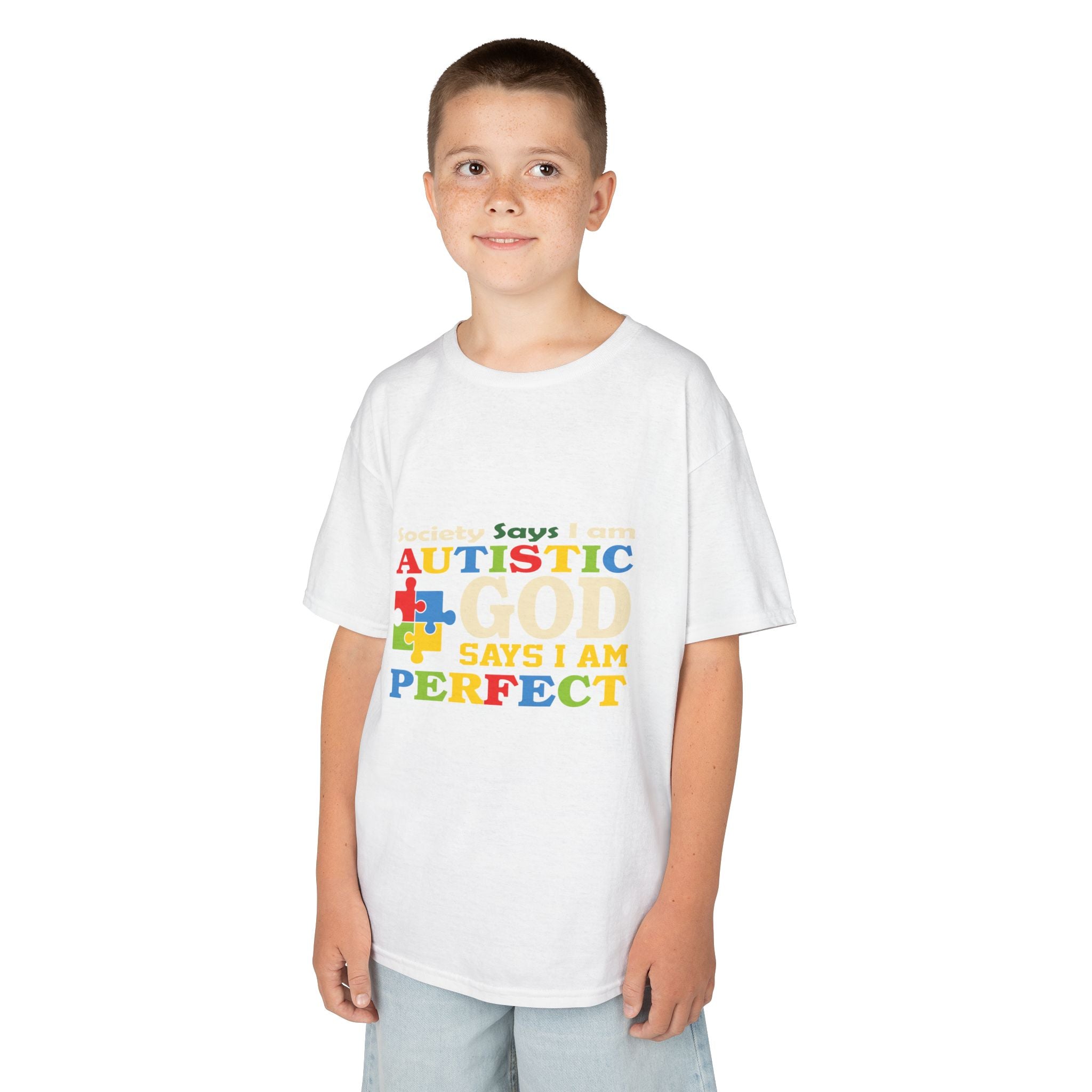 Kids Tee — "Autistic Says God Says I Am Perfect" Rainbow Puzzle Piece Autism Awareness Shirt
