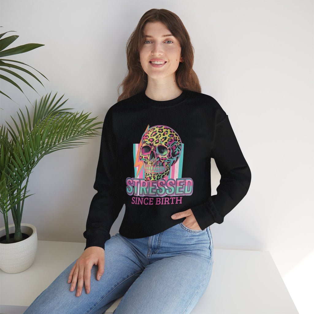 Stressed Since Birth Skull Crewneck Sweatshirt — Retro Neon Leopard Skull Pullover