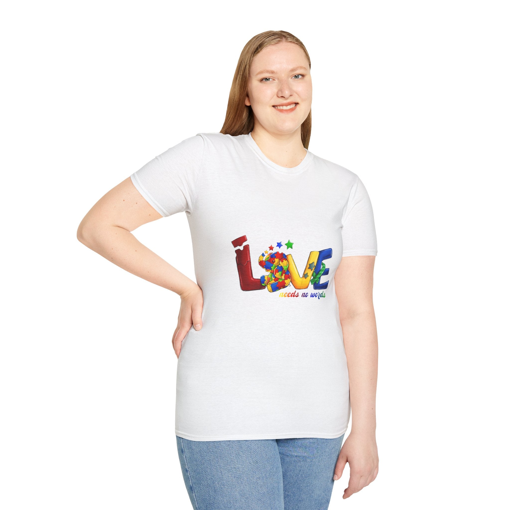 LOVE Needs No Words T‑Shirt — Colorful Puzzle Heart Autism Awareness Tee