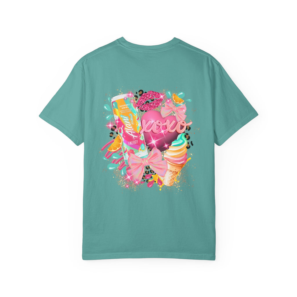 Graphic T-Shirt — Vibrant Pink Dessert Collage with 'Alani Nu' Chest Script