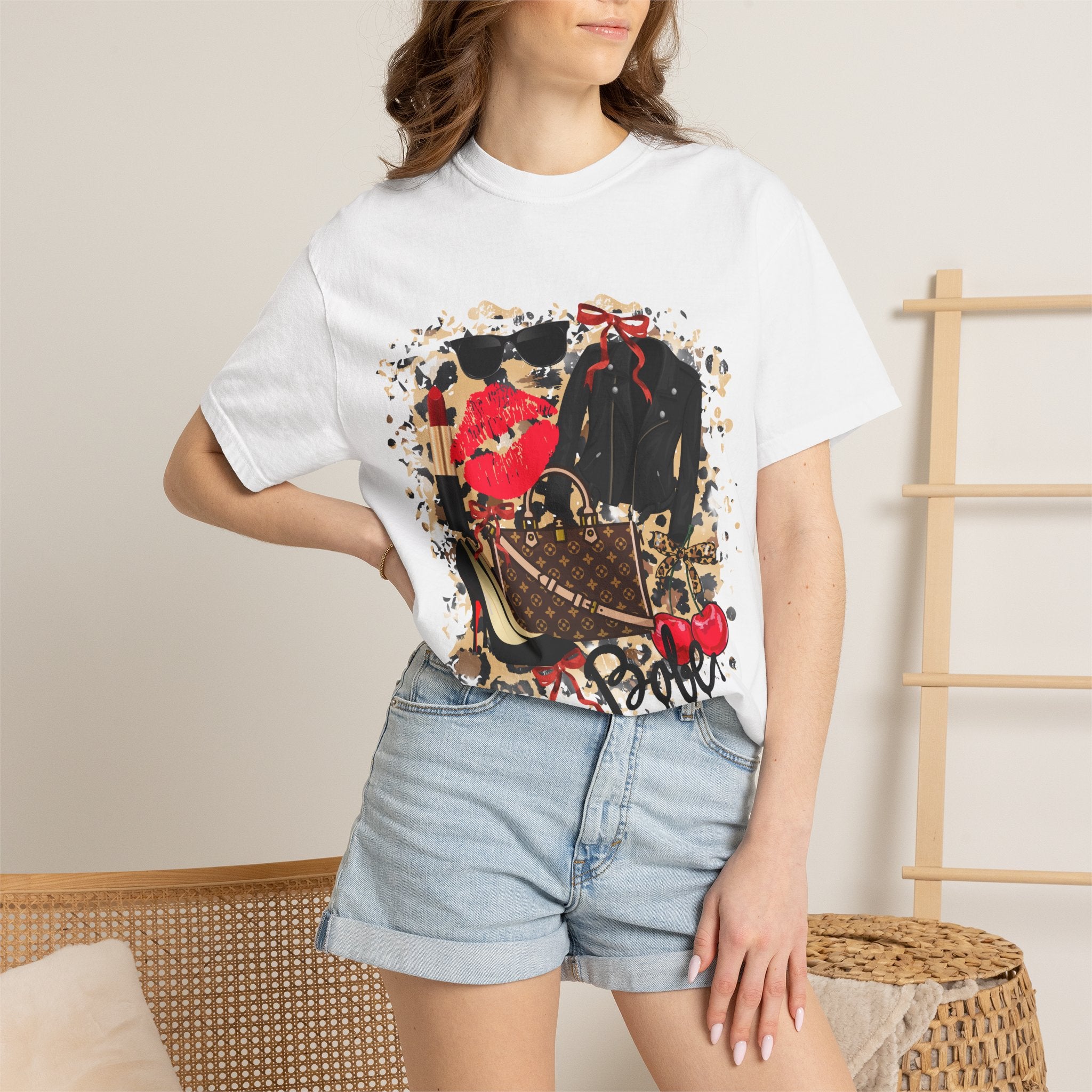 Graphic Fashion Tee — Luxury Handbag & Lips Collage