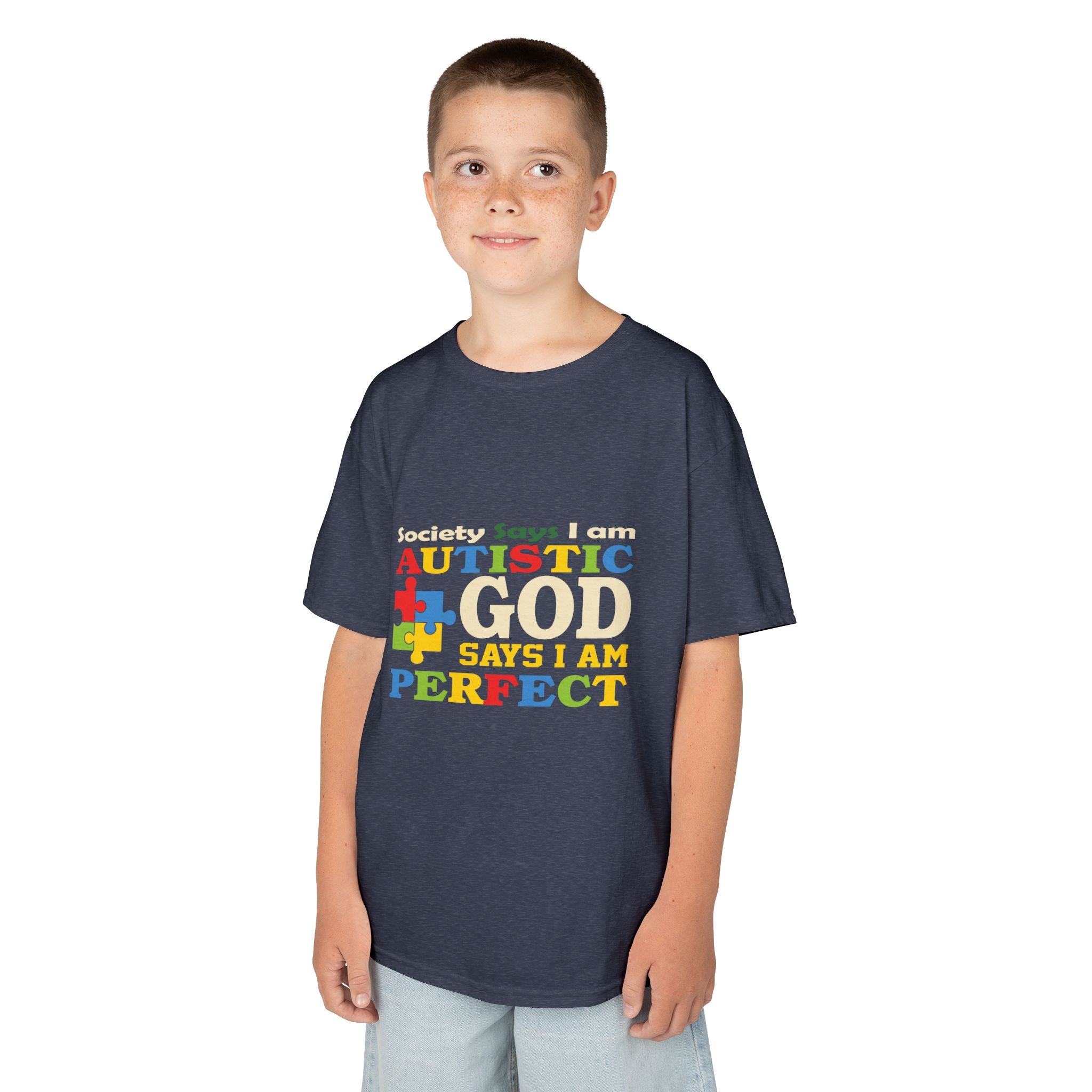 Kids Tee — "Autistic Says God Says I Am Perfect" Rainbow Puzzle Piece Autism Awareness Shirt