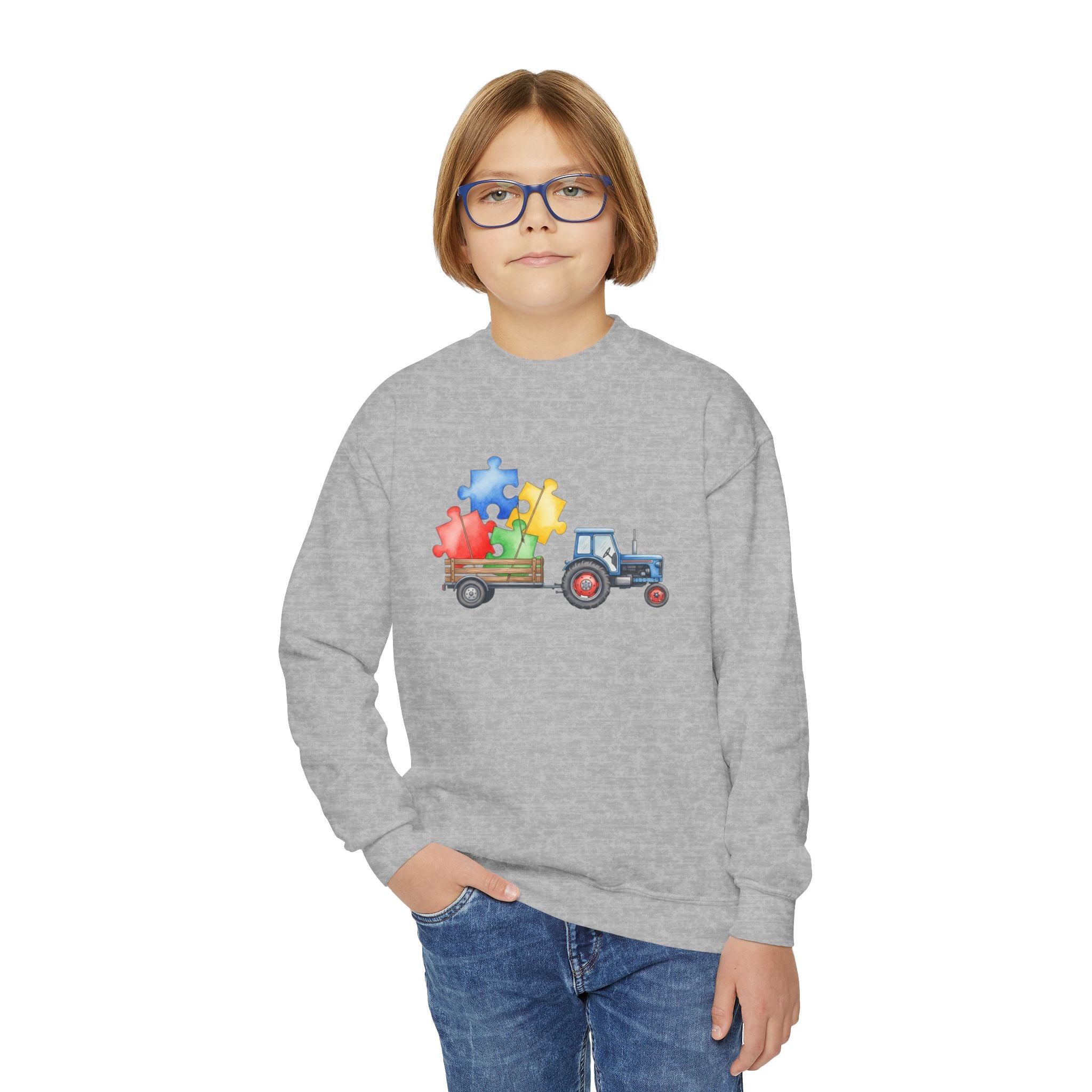 Youth Crewneck Sweatshirt – Tractor with Colorful Puzzle Pieces Kids Pullover (Autism Awareness)
