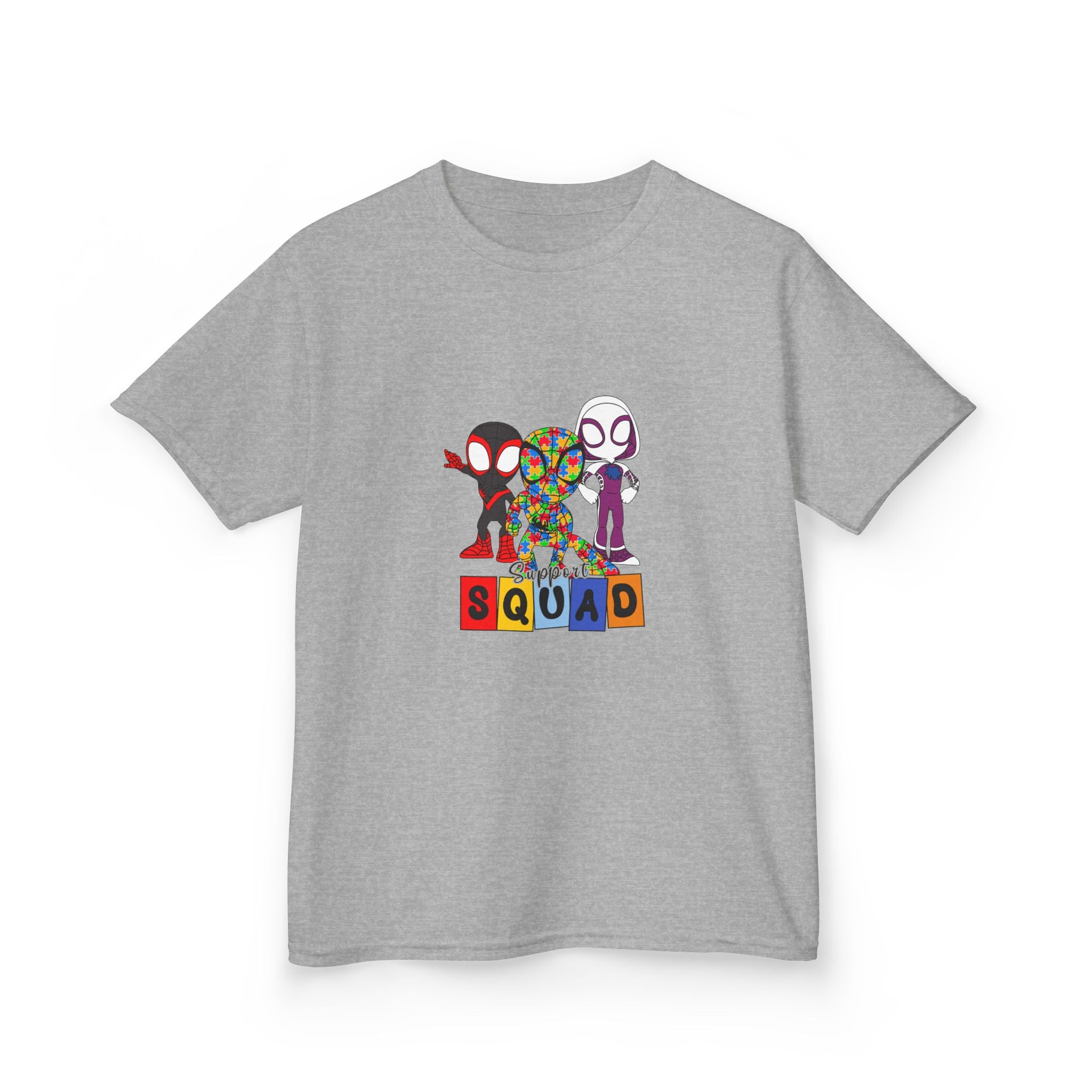 Kids T‑Shirt — 'SQUAD' Spider Heroes Block-Style Graphic