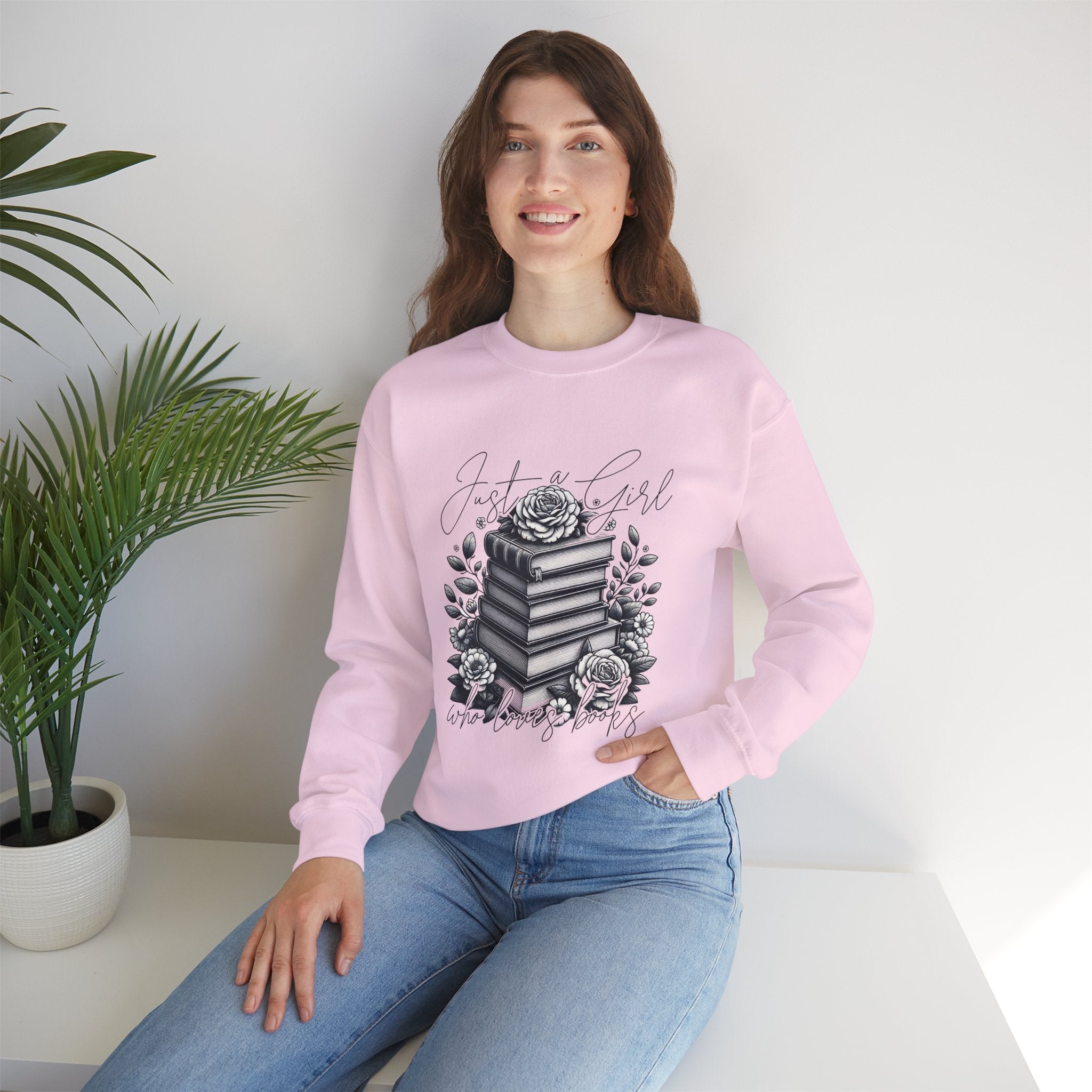 Book Lover Crewneck Sweatshirt — "Just a Girl Who Loves Books" Floral Stack Design
