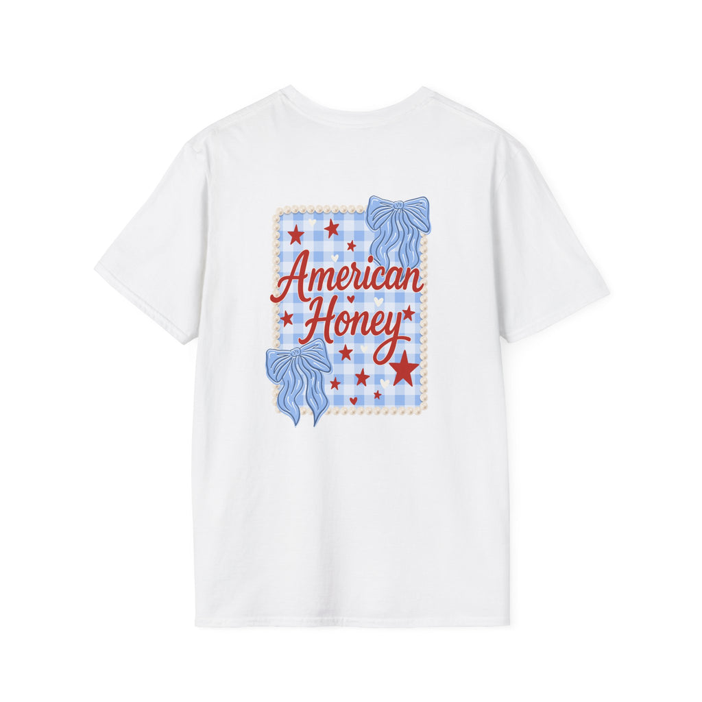 Double-sided American Honey T-Shirt — Patriotic Red White Blue Bow Tee