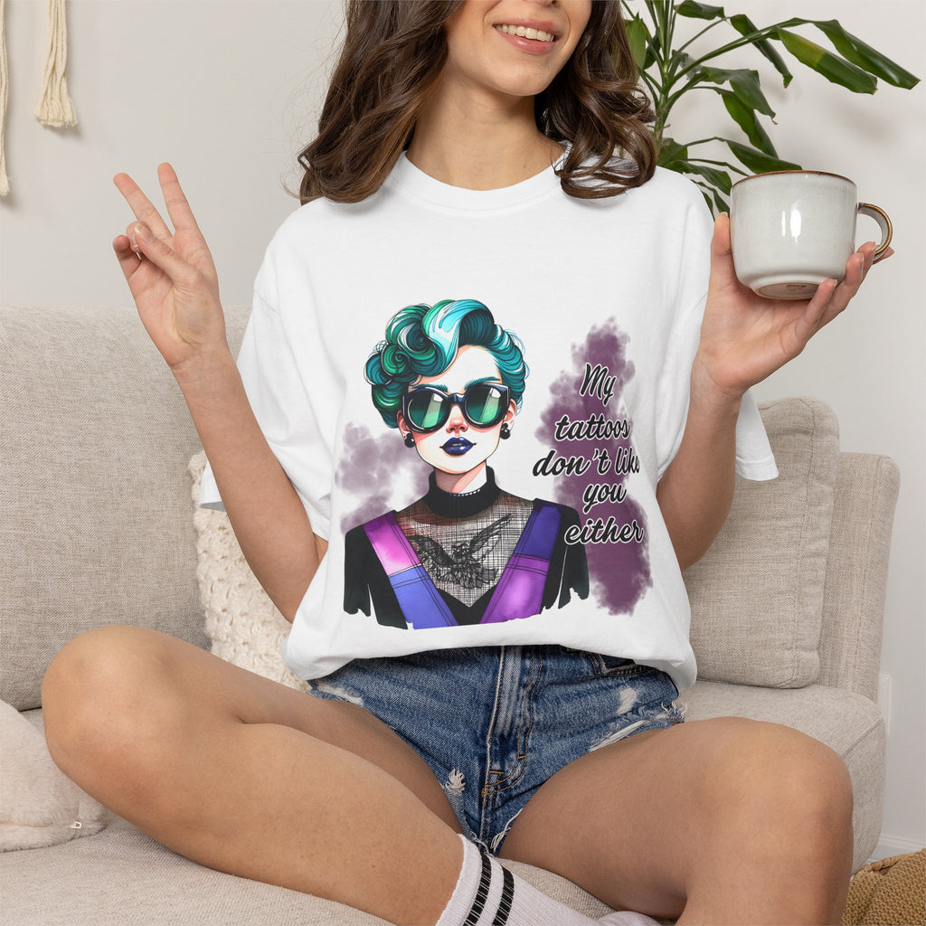 Graphic T-Shirt — Retro Punk Portrait with “My Tattoos Don’t Like You Either” Slogan