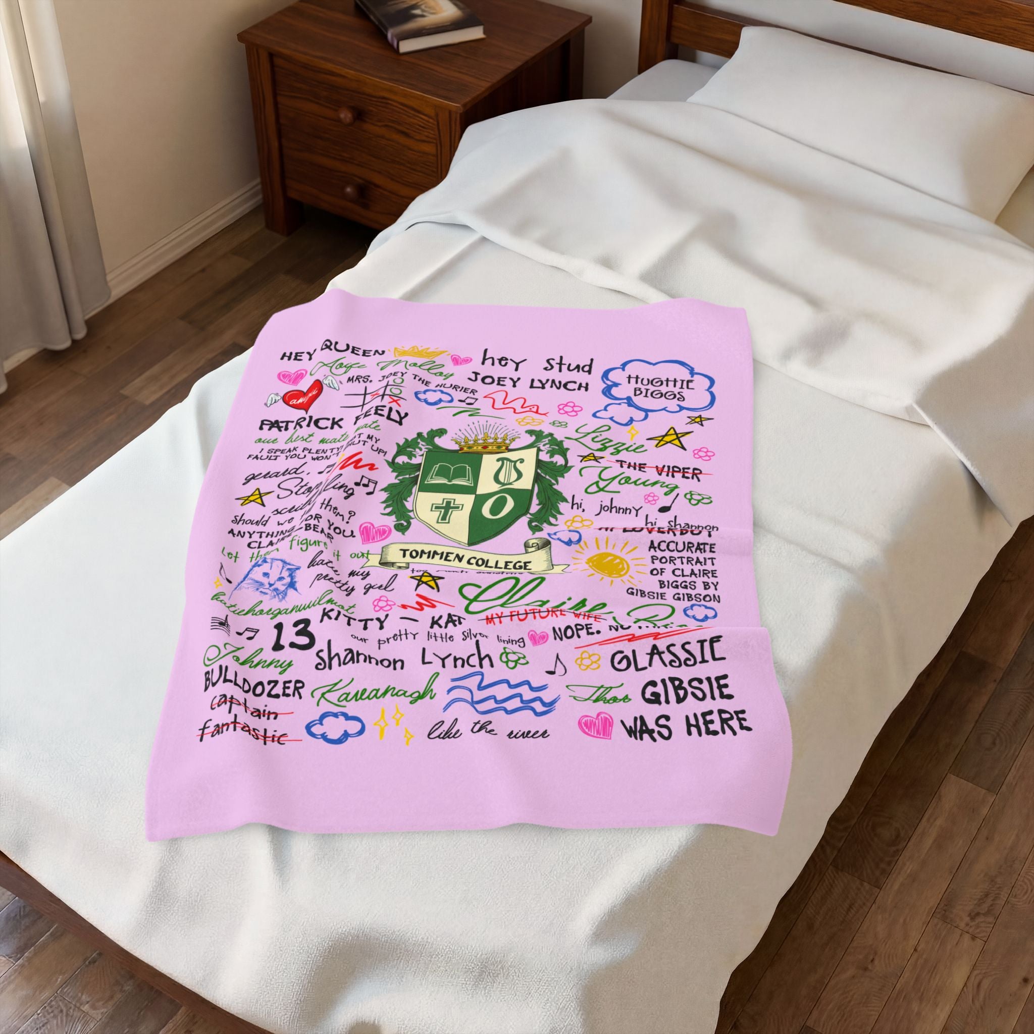 Velveteen Plush Blanket — Pink Doodle College Crest Throw