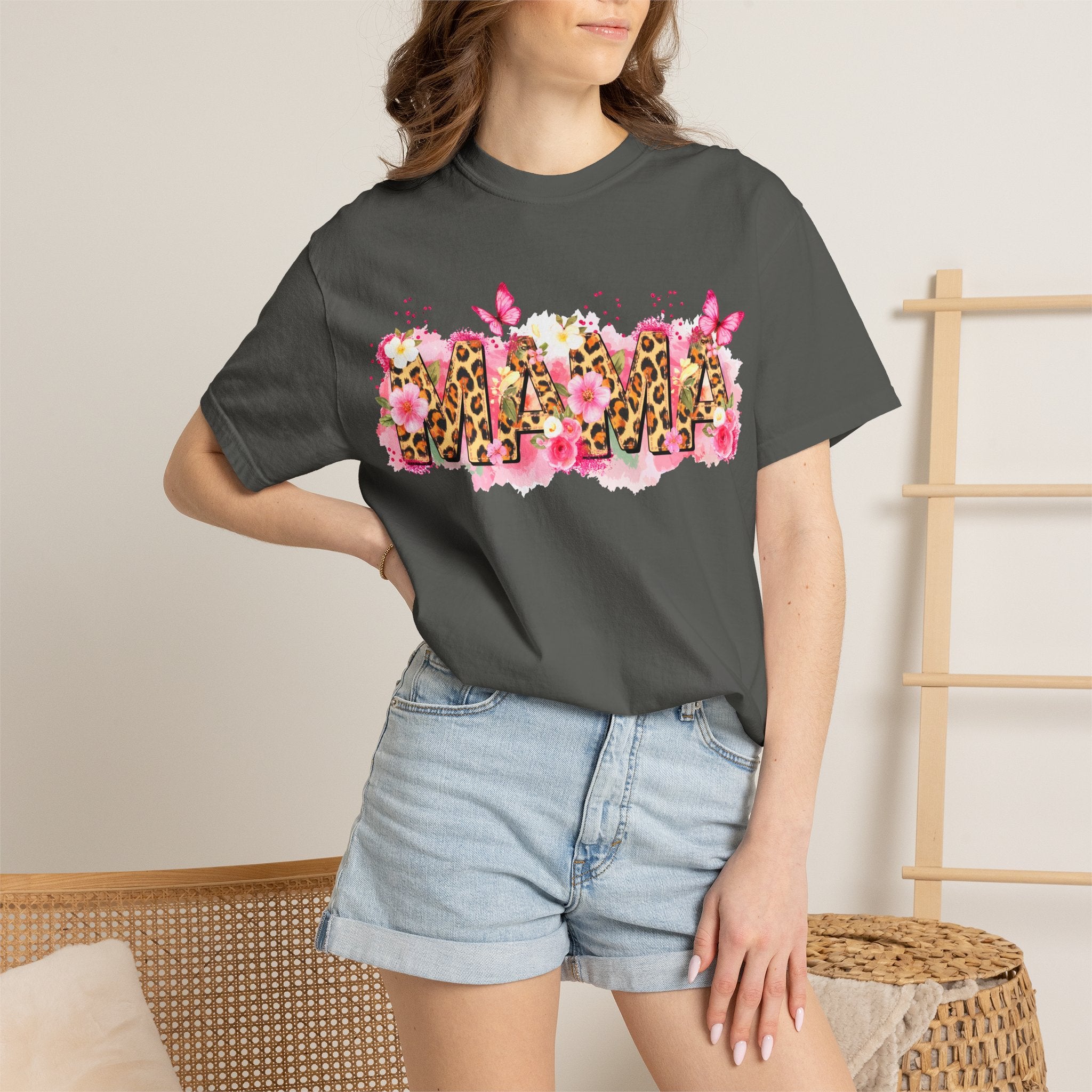 Mama Floral Leopard Graphic Tee — 'MAMA' Pink Butterfly Mother's Day T‑Shirt