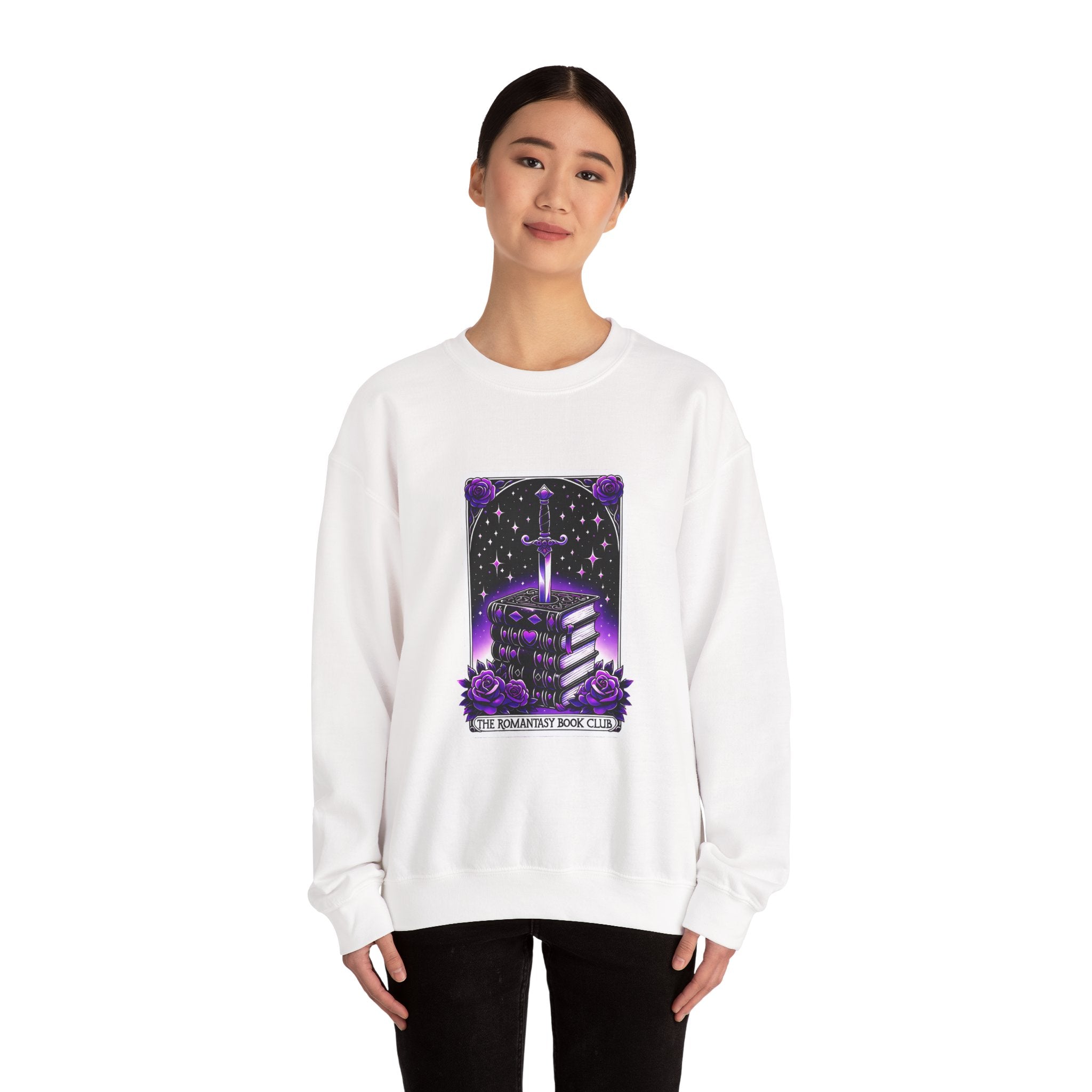 Crewneck Sweatshirt — The Bookish Witch: 'The Enchanted Book Club' Purple Sword & Books Graphic