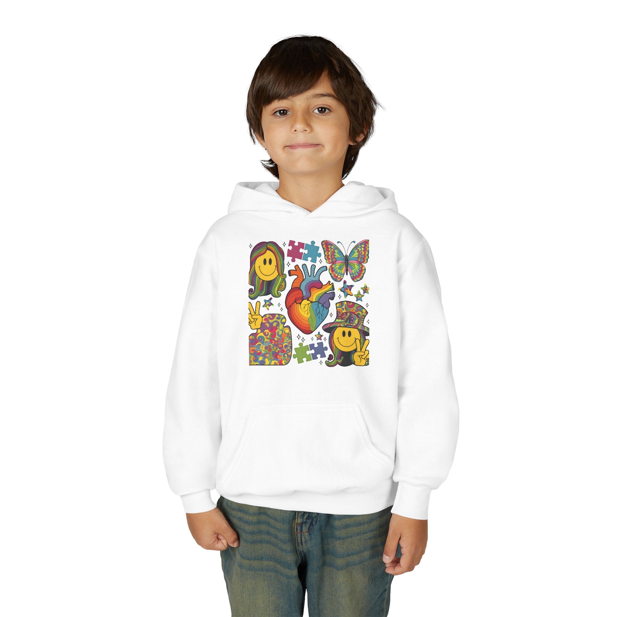 Youth Hoodie — Colorful Retro Smiley & Puzzle Heart Graphic