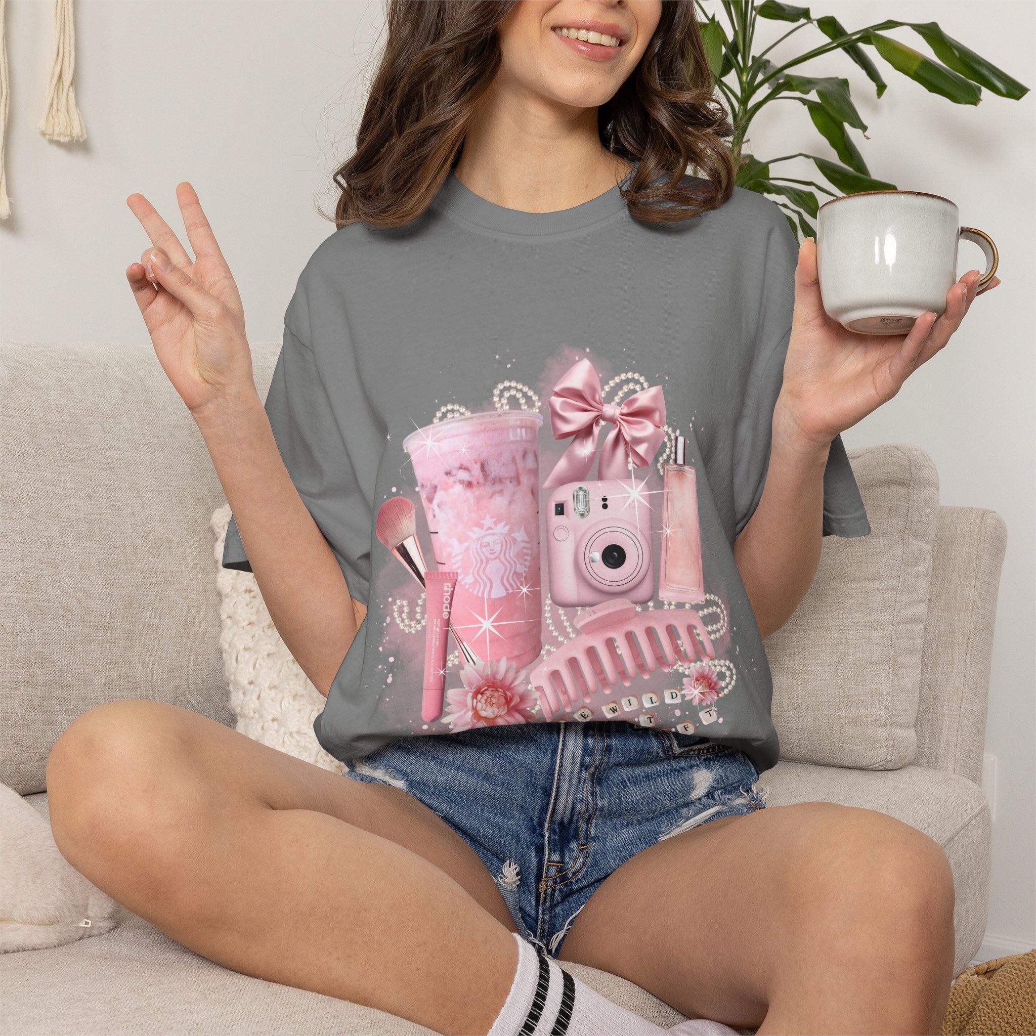 Pink Vanity Aesthetic T-Shirt — Makeup, Polaroid & Accessories Graphic Tee