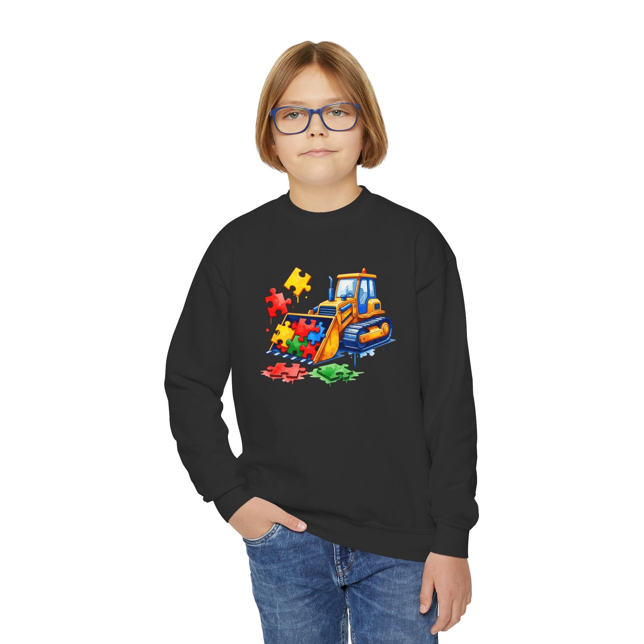 Kids Bulldozer Autism Puzzle Crewneck Sweatshirt