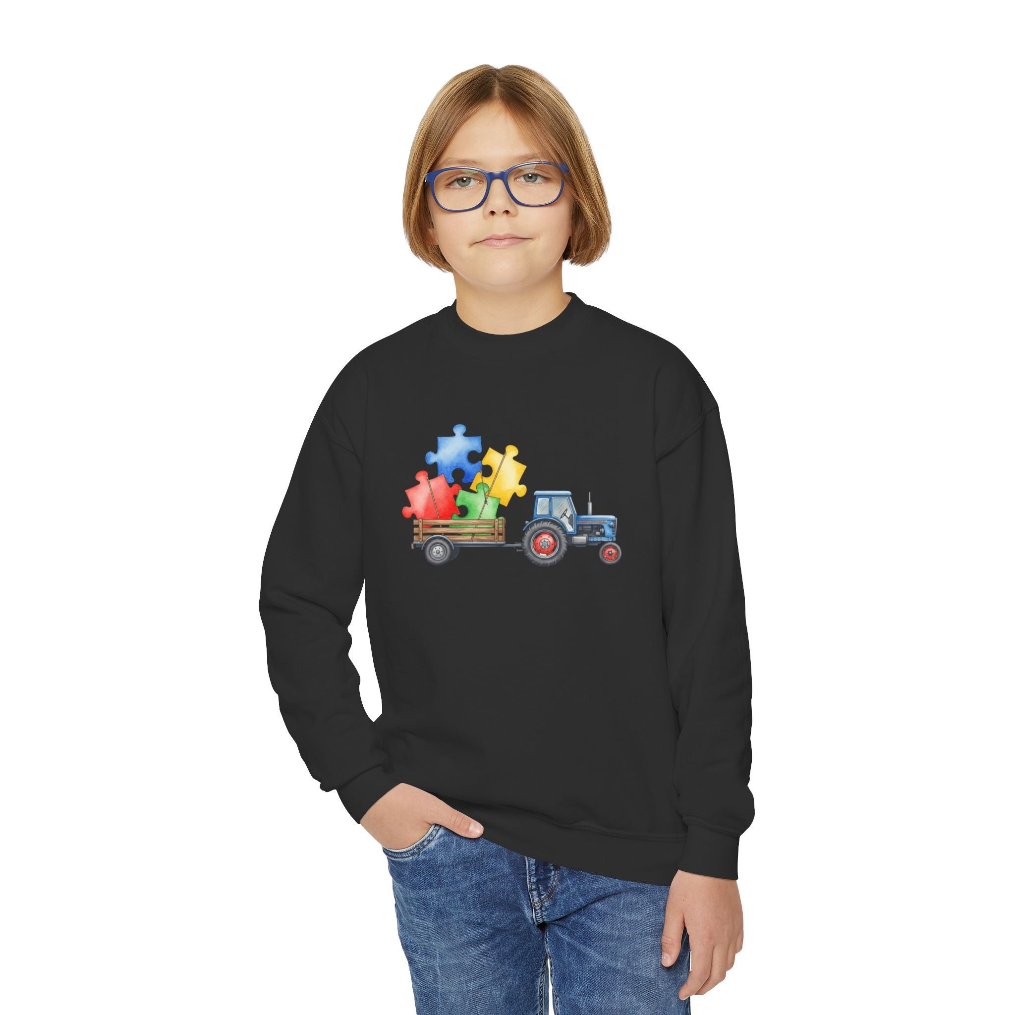 Youth Crewneck Sweatshirt – Tractor with Colorful Puzzle Pieces Kids Pullover (Autism Awareness)