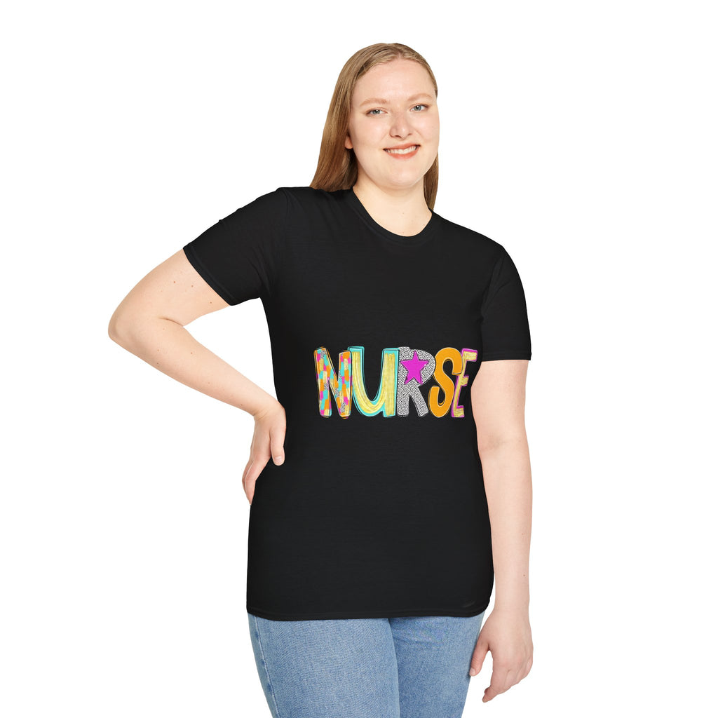 Nurse Colorful Lettering T-Shirt – Playful Scrubs-Themed Tee for Nurses