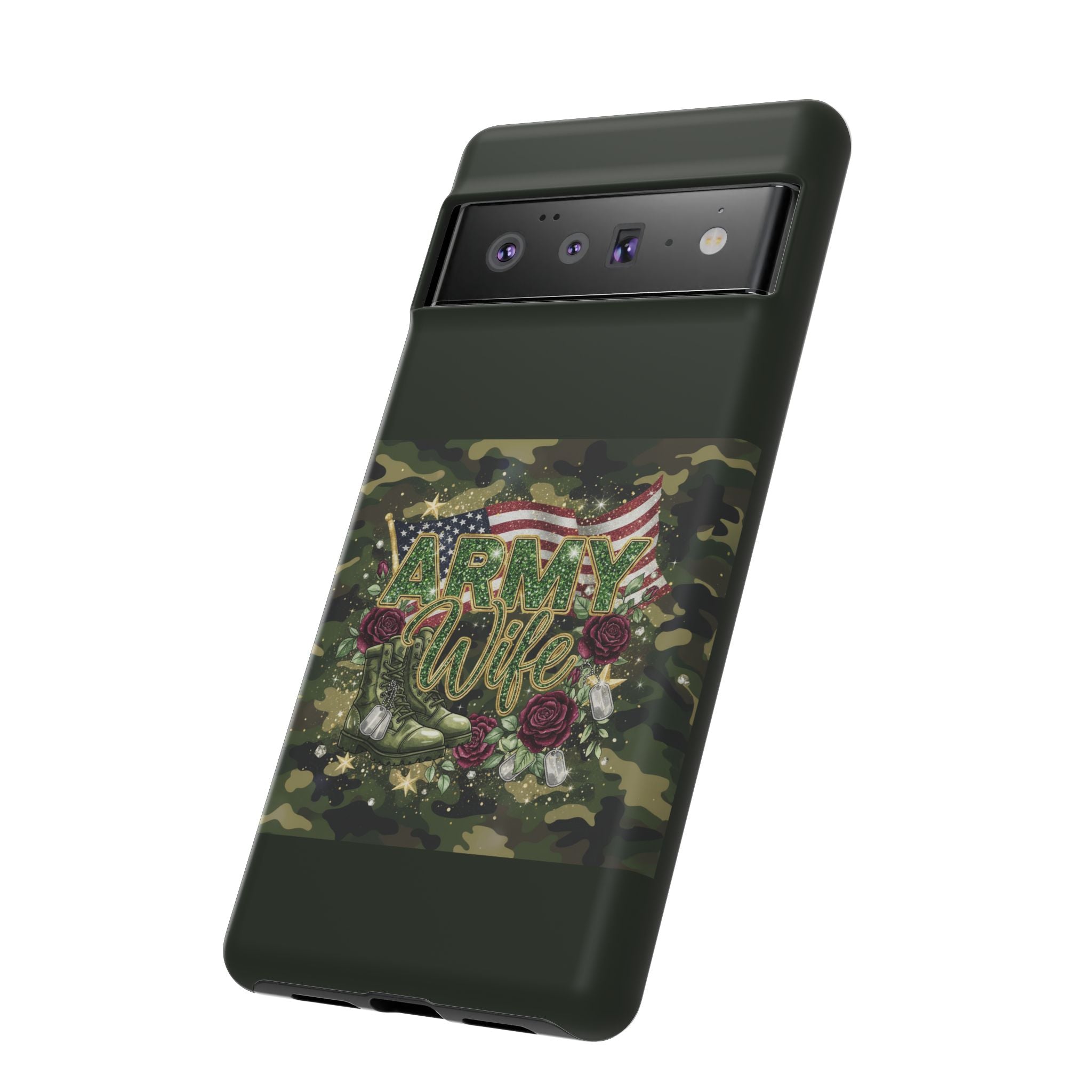 Army Wife Tough Phone Case — Camo Flag Design with Roses