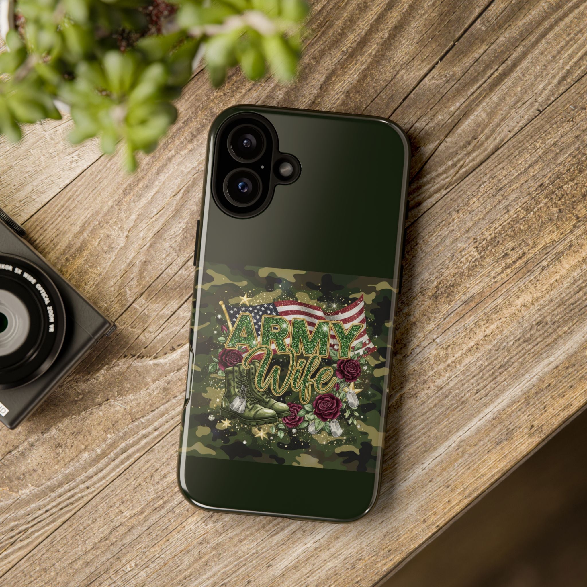 Army Wife Tough Phone Case — Camo Flag Design with Roses