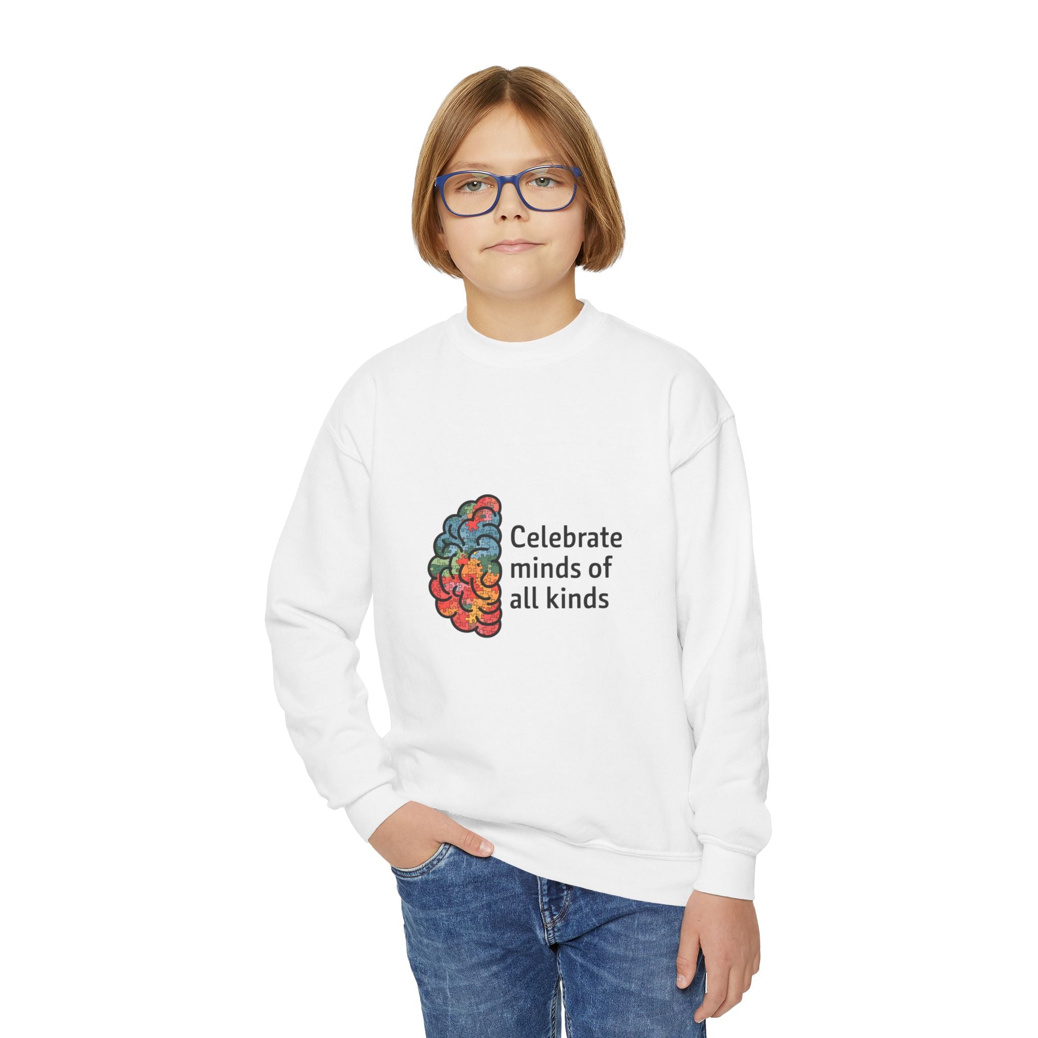 Celebrate Minds Youth Crewneck Sweatshirt — Colorful Brain Design