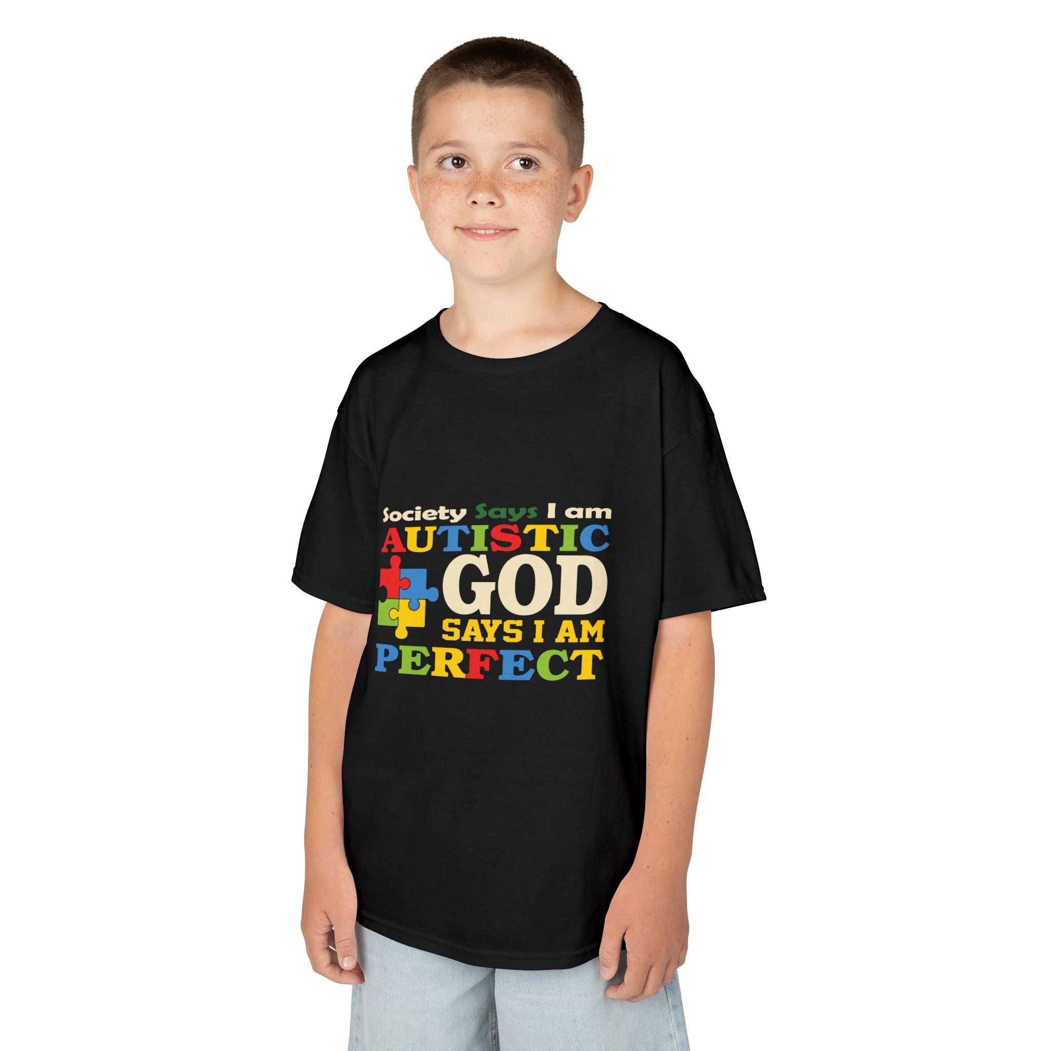 Kids Tee — "Autistic Says God Says I Am Perfect" Rainbow Puzzle Piece Autism Awareness Shirt