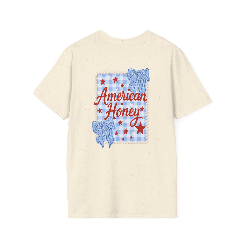 Double-sided American Honey T-Shirt — Patriotic Red White Blue Bow Tee