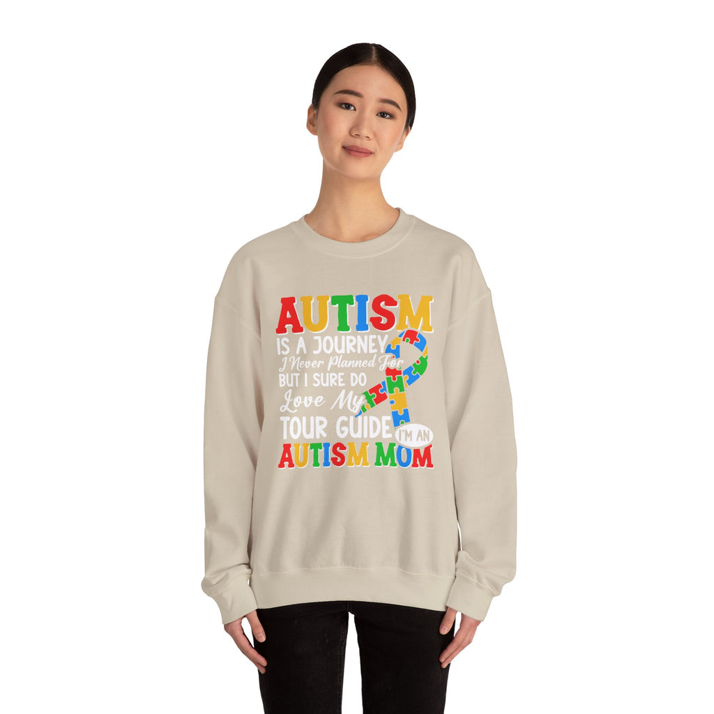 Autism Mom Crewneck Sweatshirt — "Autism Is A Journey" Colorful Puzzle-Heart Design