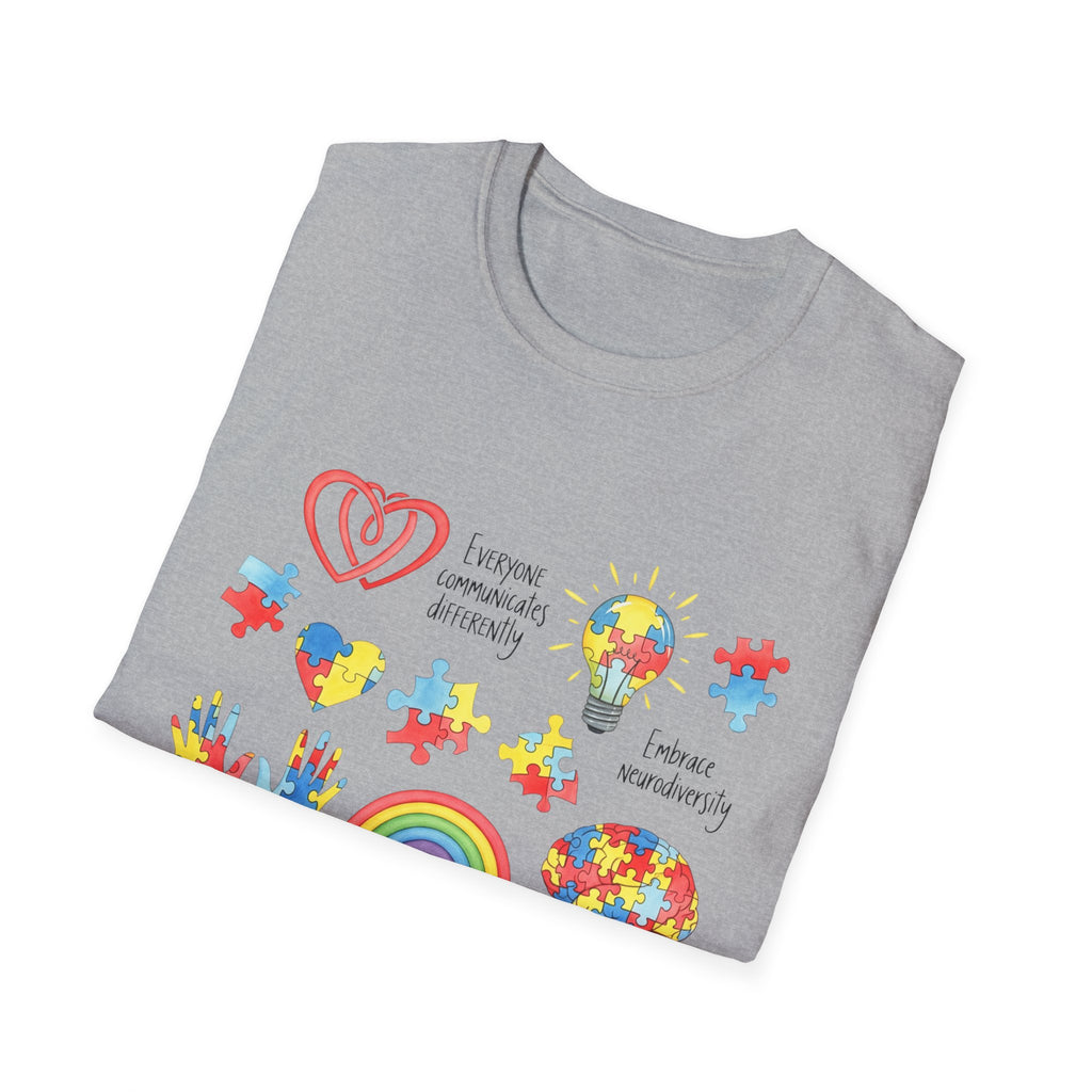 Autism Awareness Icons T-Shirt – Puzzle Heart, Rainbow & Support Symbols