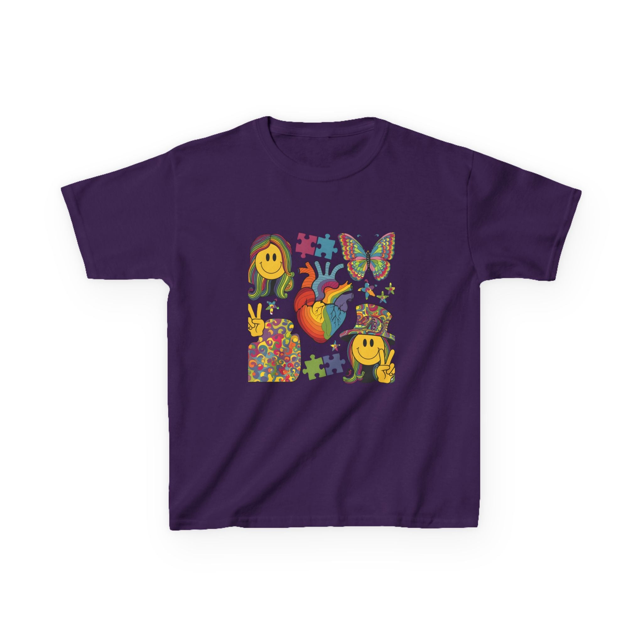 Kids Tee — Colorful Psychedelic Smiley & Puzzle Heart Graphic