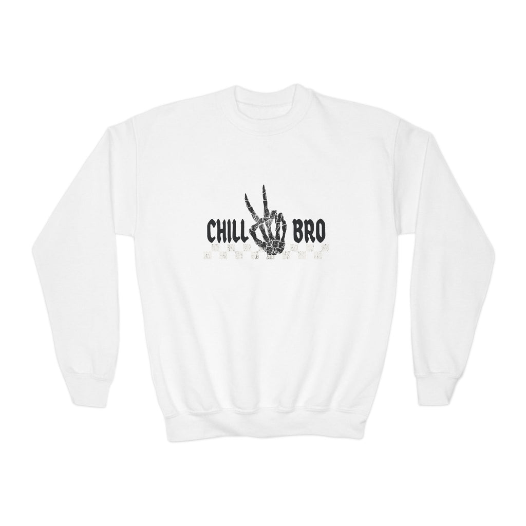 Youth Crewneck Sweatshirt — "Chill Bro" Skeleton Hand Graphic