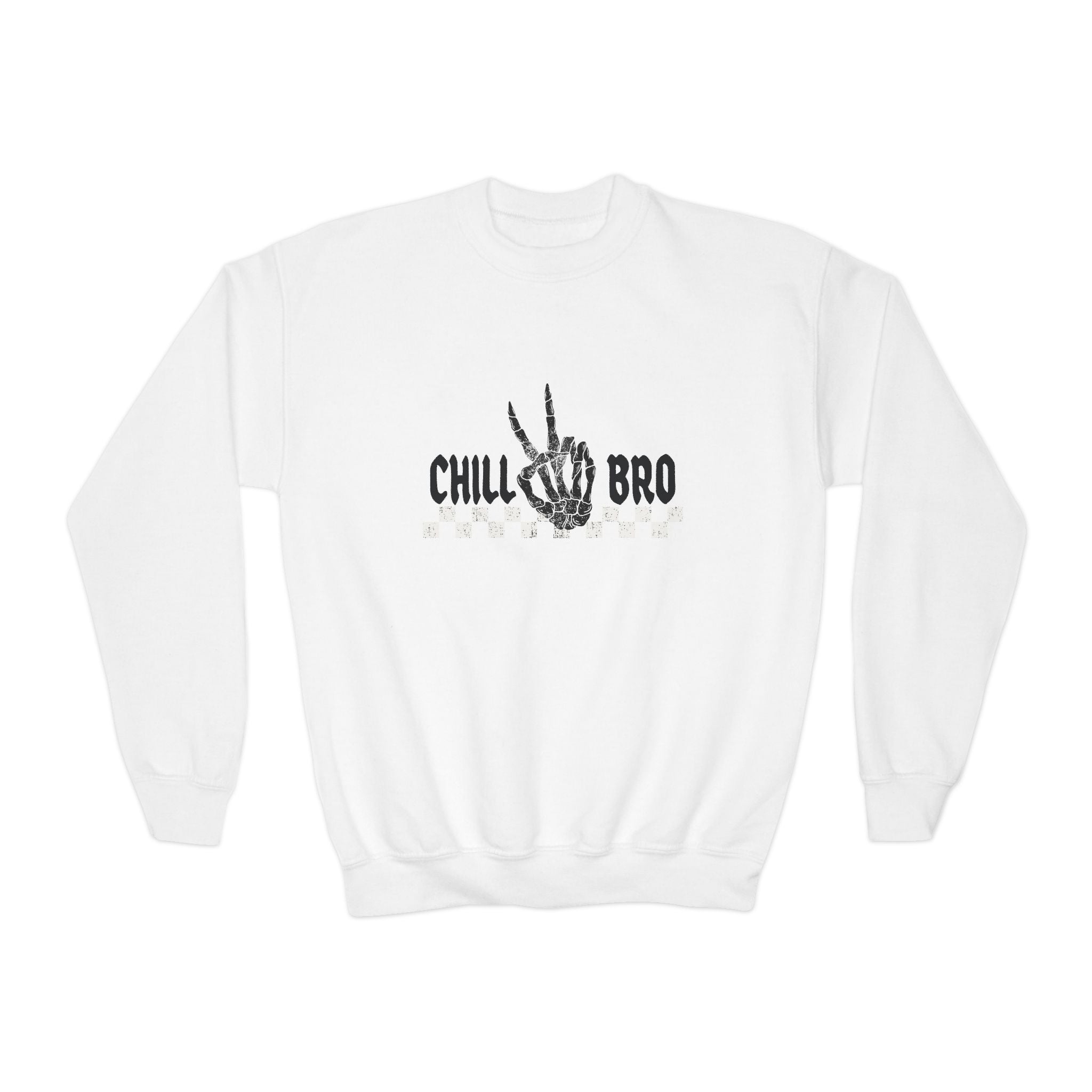 Youth Crewneck Sweatshirt — "Chill Bro" Skeleton Hand Graphic