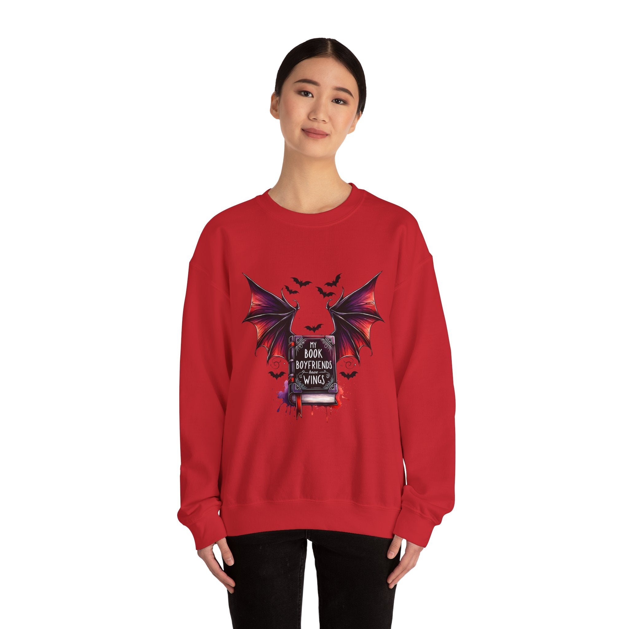Bat Wings Book Lover Sweatshirt – "My Book Boyfriend Has Wings" Gothic Reading Crewneck