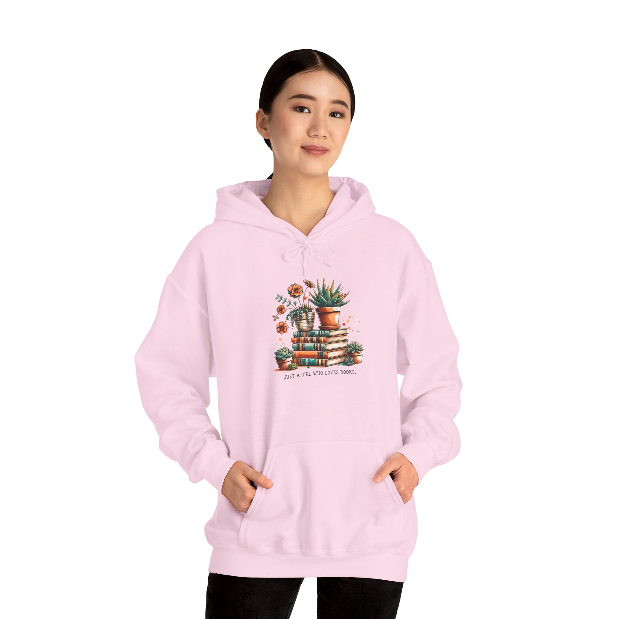 Plant Lover Hoodie – 'Plant Lady With Books' Cozy Botanical Pullover