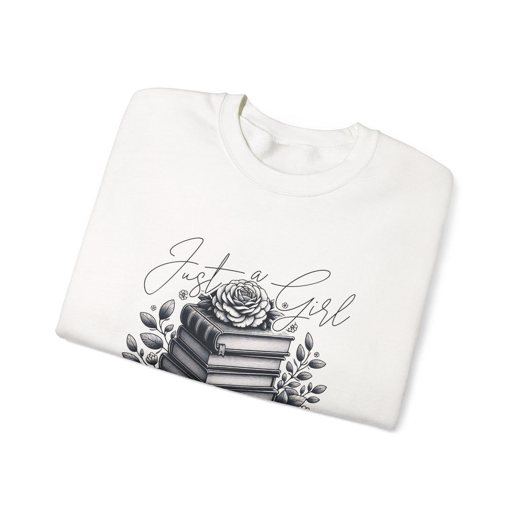 Book Lover Crewneck Sweatshirt — "Just a Girl Who Loves Books" Floral Stack Design