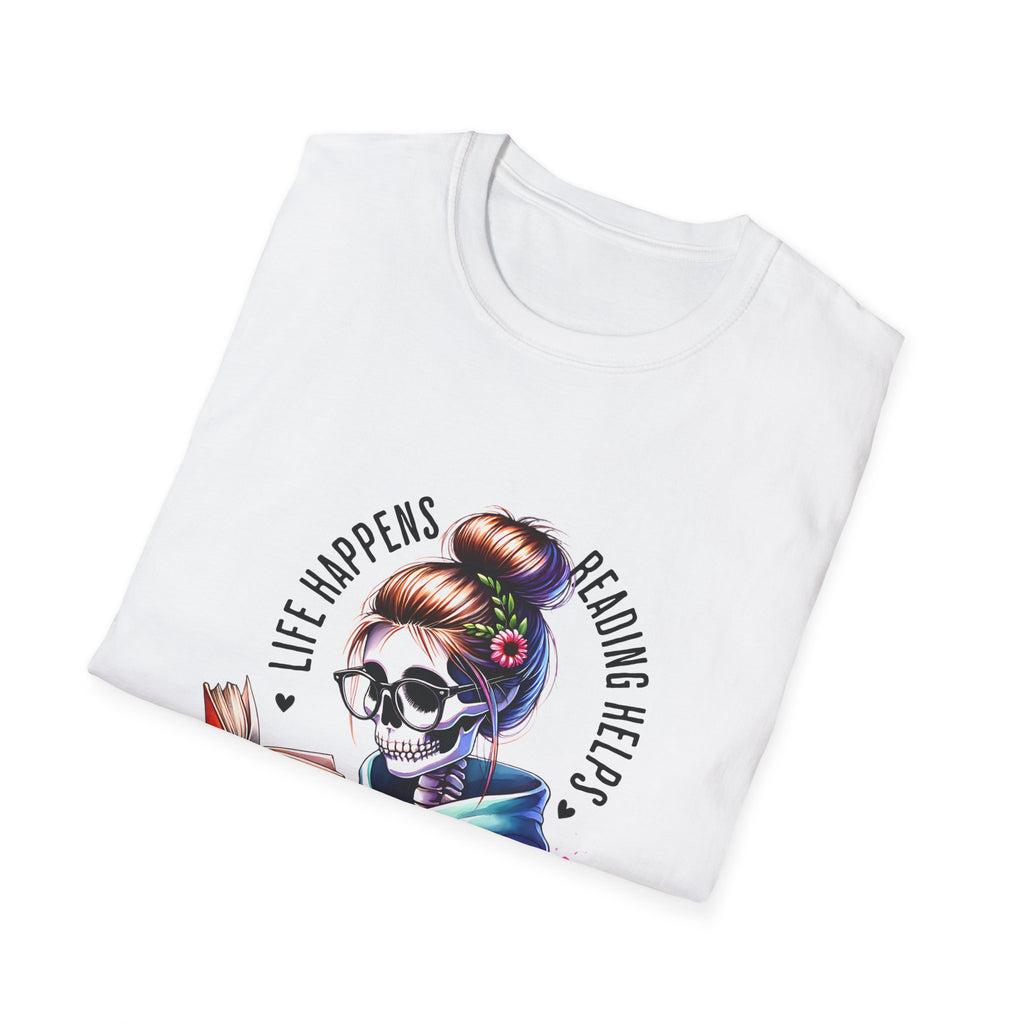 Reading Skull T-Shirt — "Life Happens, Reading Help" Gothic Booklover Tee