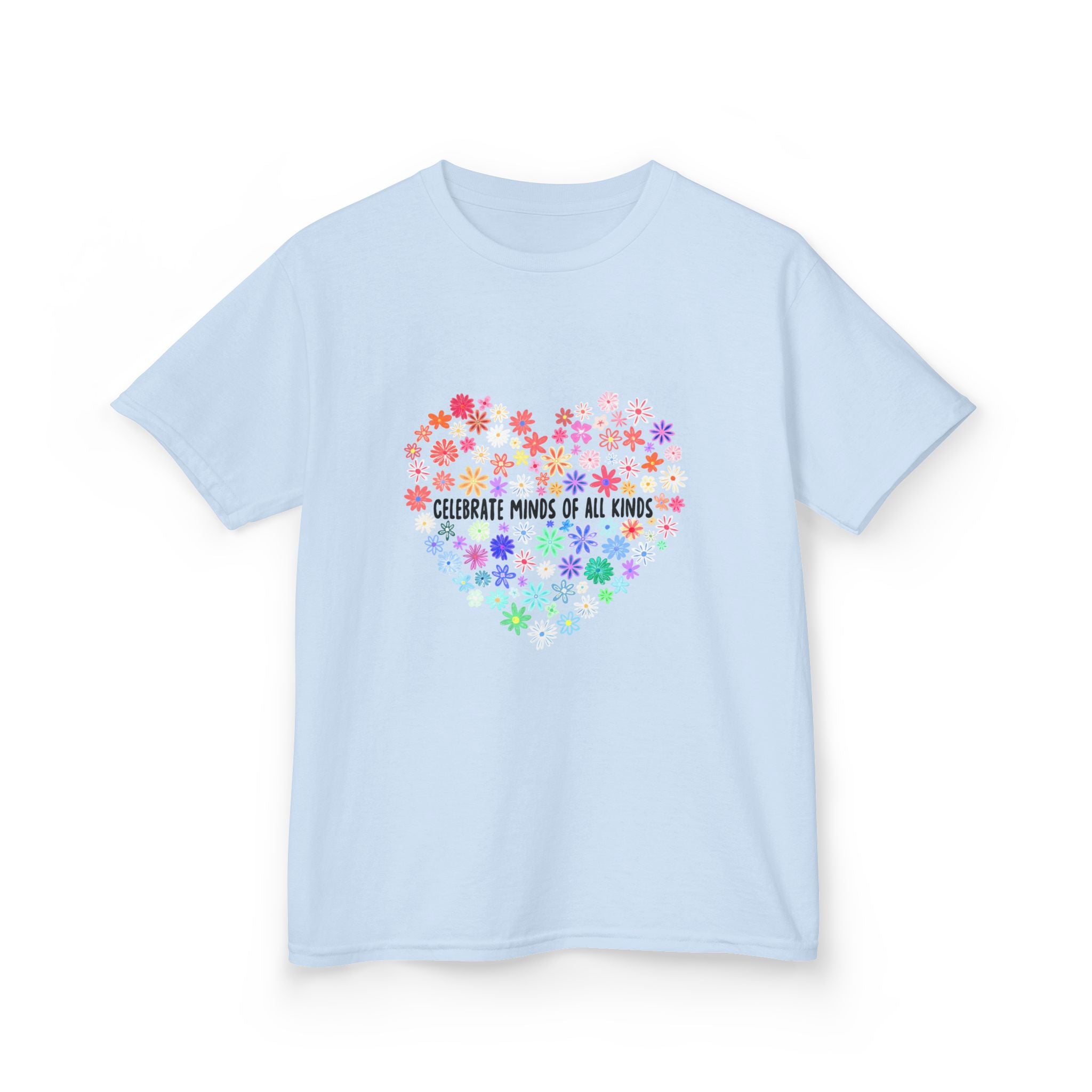 Kids T-Shirt — "Celebrate Minds of All Kinds" Rainbow Flower Heart
